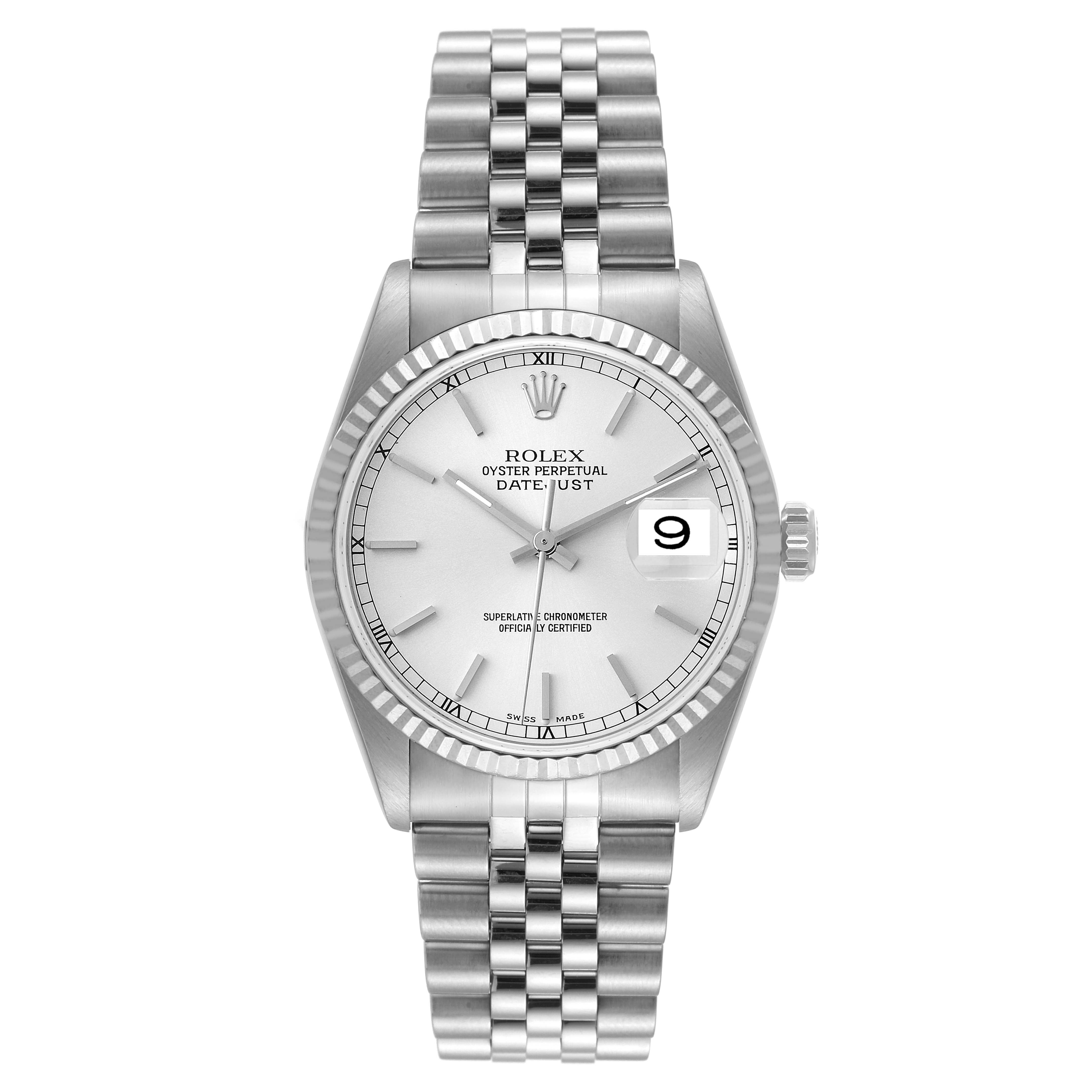 This image shows a front view of the Rolex Datejust 16234 Men's Stainless Steel Silver Dial 16234 Men's Stainless Steel Silver Dial watch, highlighting its face, fluted bezel, and Jubilee bracelet.