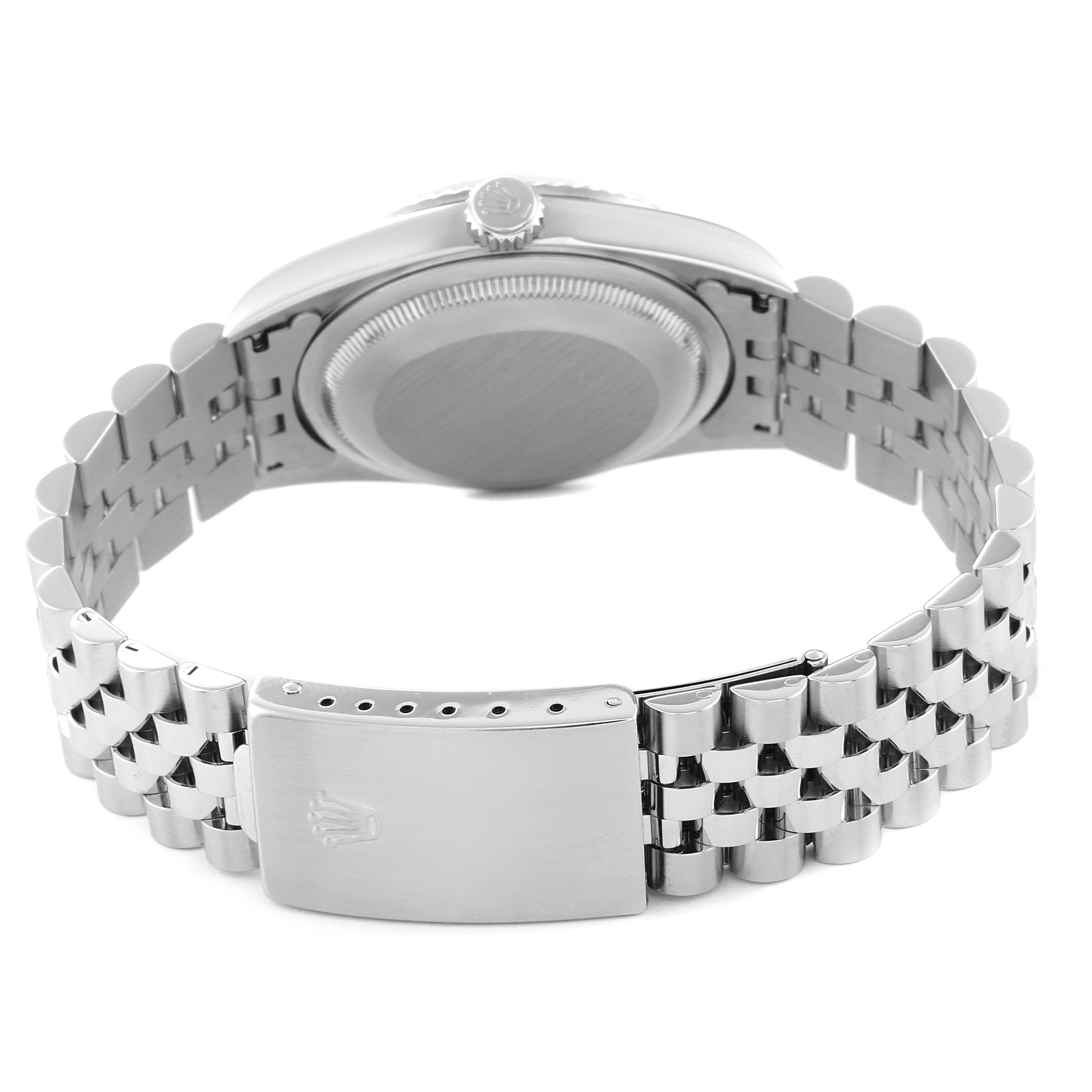 This image shows the back view of a Rolex Datejust 16234 Men's Stainless Steel Silver Dial 16234 Men's Stainless Steel Silver Dial watch, focusing on the case back and the metal bracelet with the clasp.