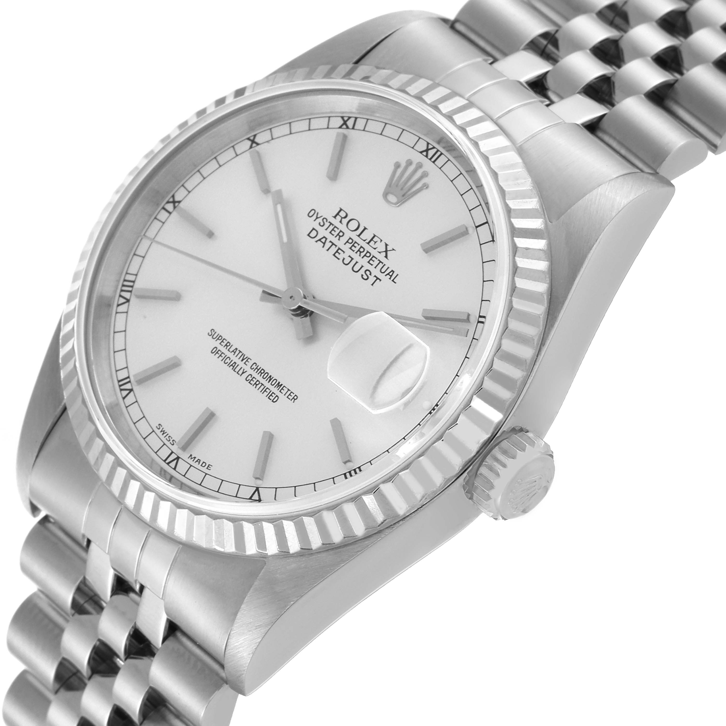 This image shows a close-up angled view of the dial, bezel, crown, and part of the band of a Rolex Datejust 16234 Men's Stainless Steel Silver Dial 16234 Men's Stainless Steel Silver Dial watch.