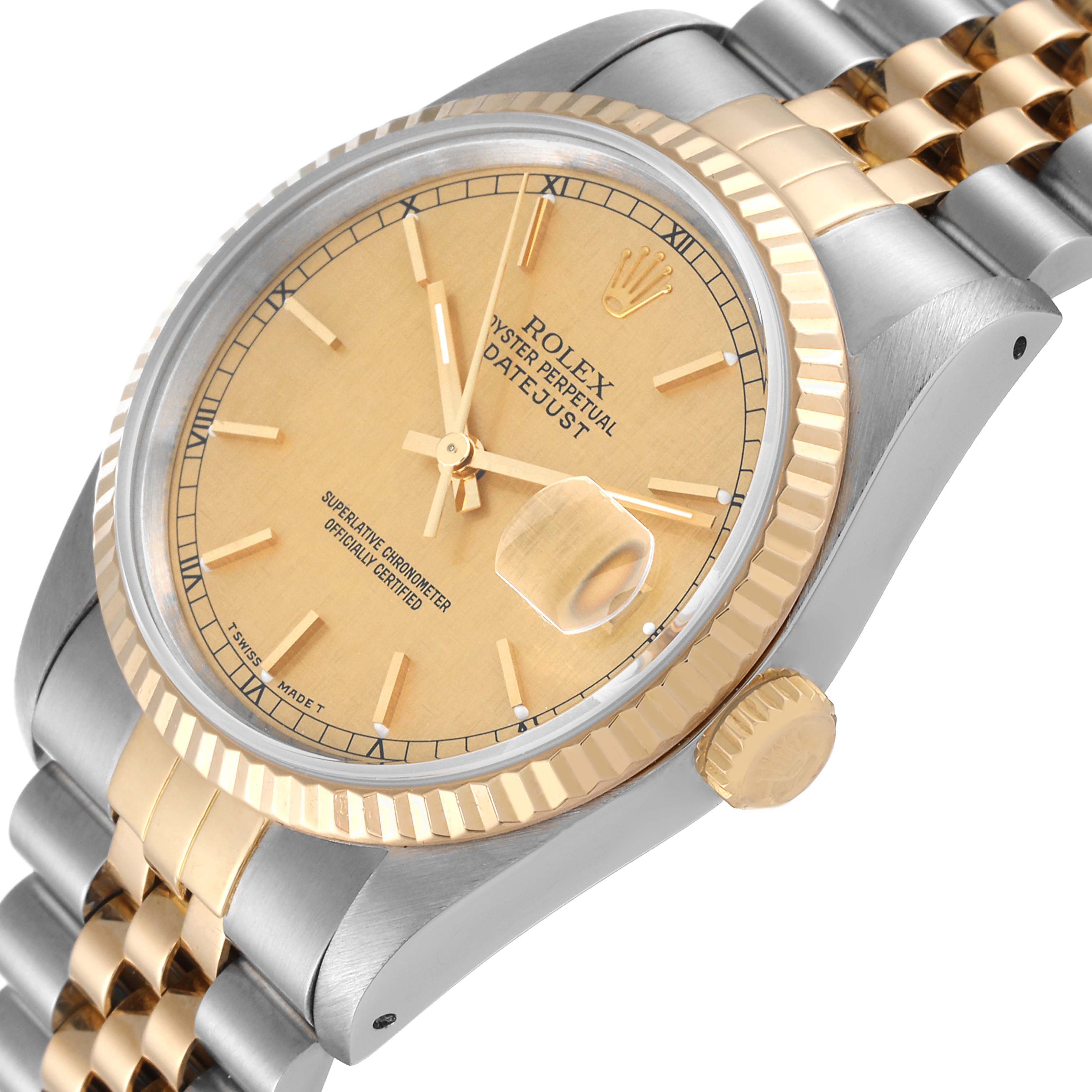 This image shows a Rolex Datejust 16233 Men's Steel and Gold (two tone) Champagne Dial 16233 Men's Steel and Gold (two tone) Champagne Dial watch from a three-quarter angle, highlighting its dial, bezel, crown, and bracelet.