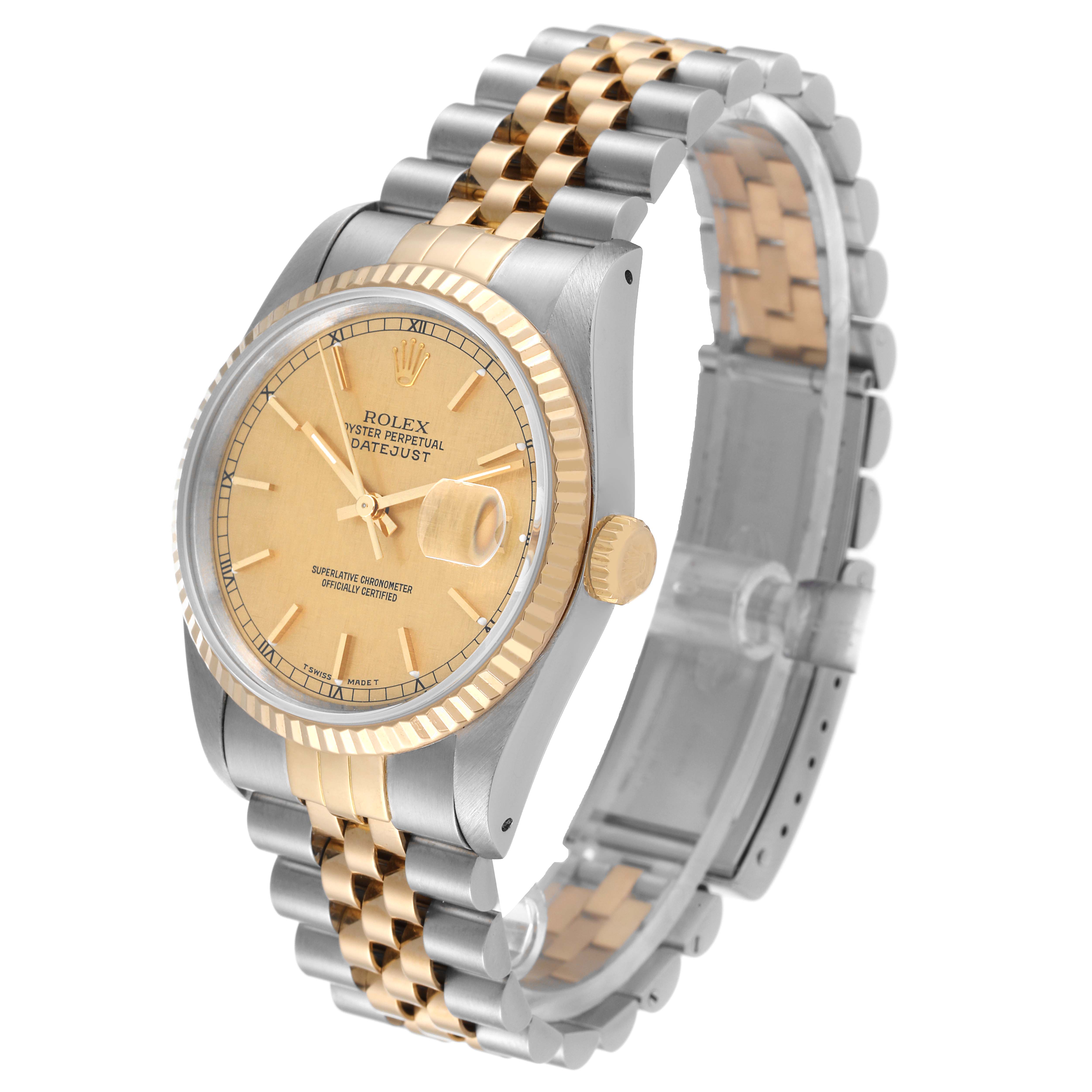 The image shows a Rolex Datejust 16233 Men's Steel and Gold (two tone) Champagne Dial 16233 Men's Steel and Gold (two tone) Champagne Dial model from an angled side view, highlighting its dial, bezel, crown, and two-tone bracelet.