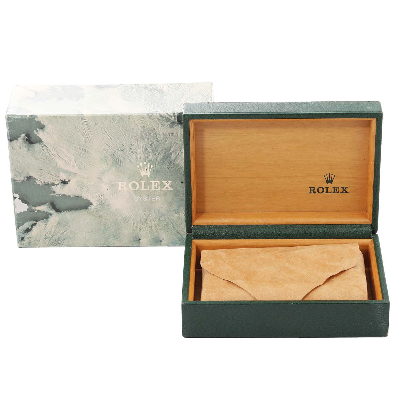 The image shows a Rolex Datejust 16233 Men's Steel and Gold (two tone) Champagne Dial 16233 Men's Steel and Gold (two tone) Champagne Dial box, including an outer case and an open inner box with a tan suede envelope inside.