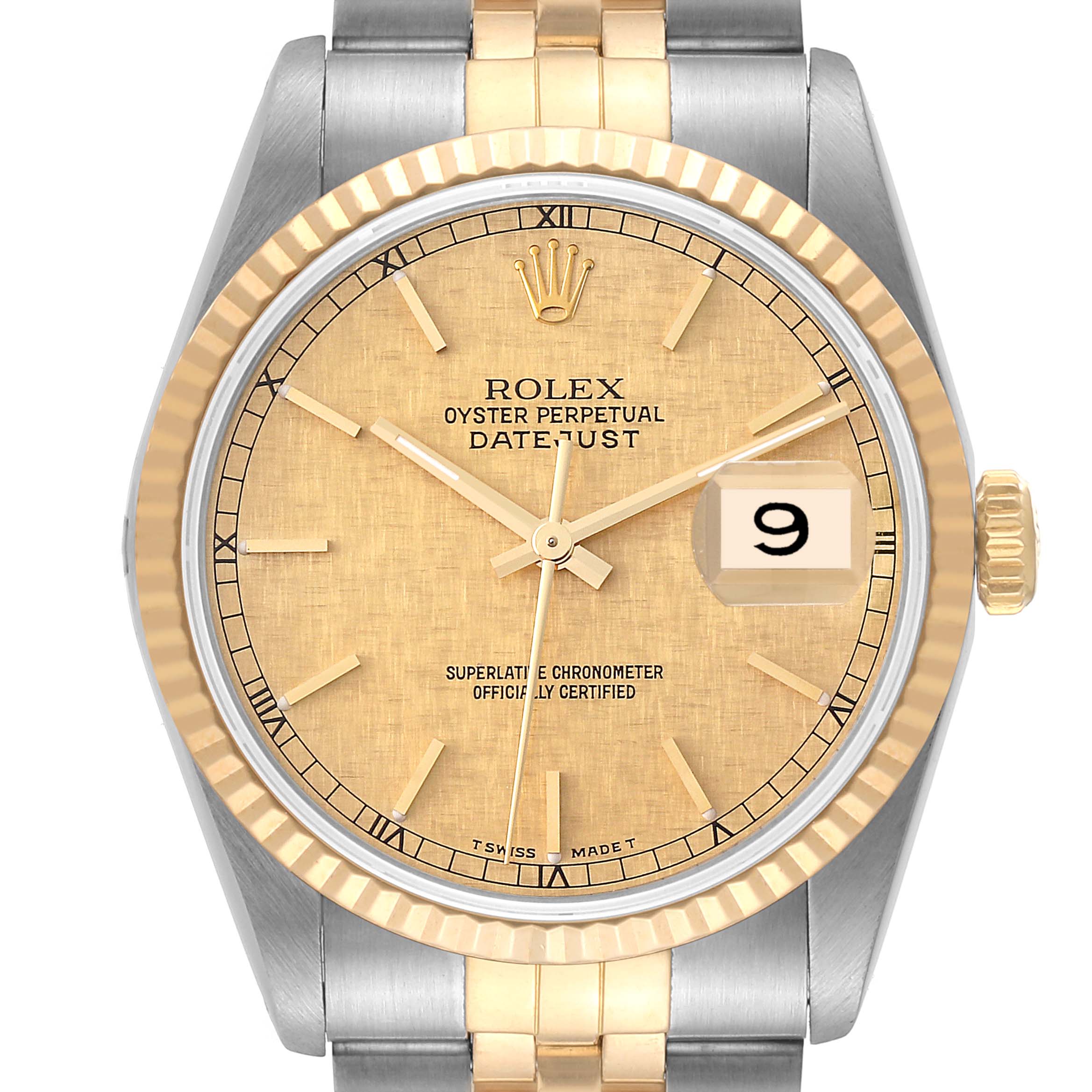 This image shows the front face and partial bracelet of the Rolex Datejust 16233 Men's Steel and Gold (two tone) Champagne Dial 16233 Men's Steel and Gold (two tone) Champagne Dial watch.