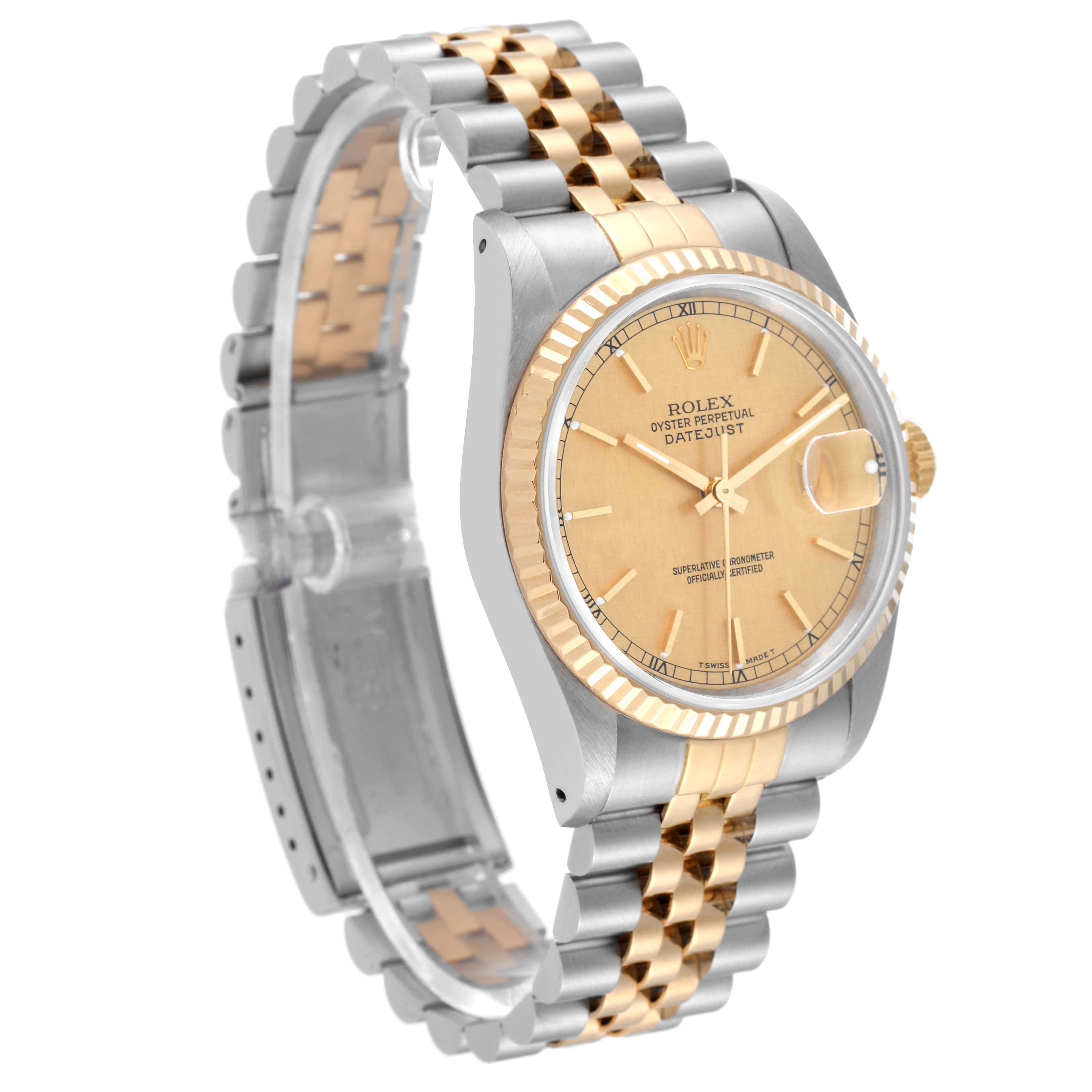 This is a Rolex Datejust 16233 Men's Steel and Gold (two tone) Champagne Dial 16233 Men's Steel and Gold (two tone) Champagne Dial watch shown at a three-quarter angle, highlighting its dial, case, and jubilee bracelet.