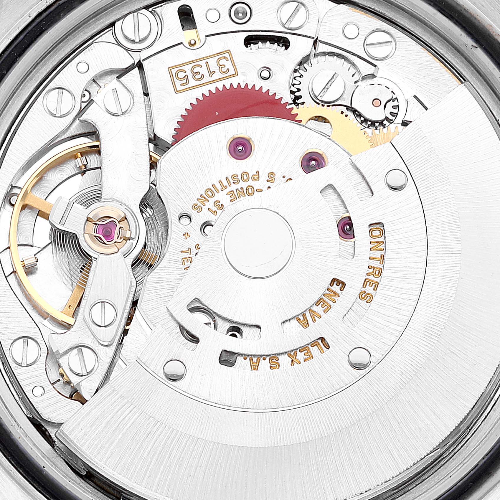 This image shows the inner mechanism and rotor of a Rolex Datejust 16233 Men's Steel and Gold (two tone) Champagne Dial 16233 Men's Steel and Gold (two tone) Champagne Dial watch, viewed from the back.