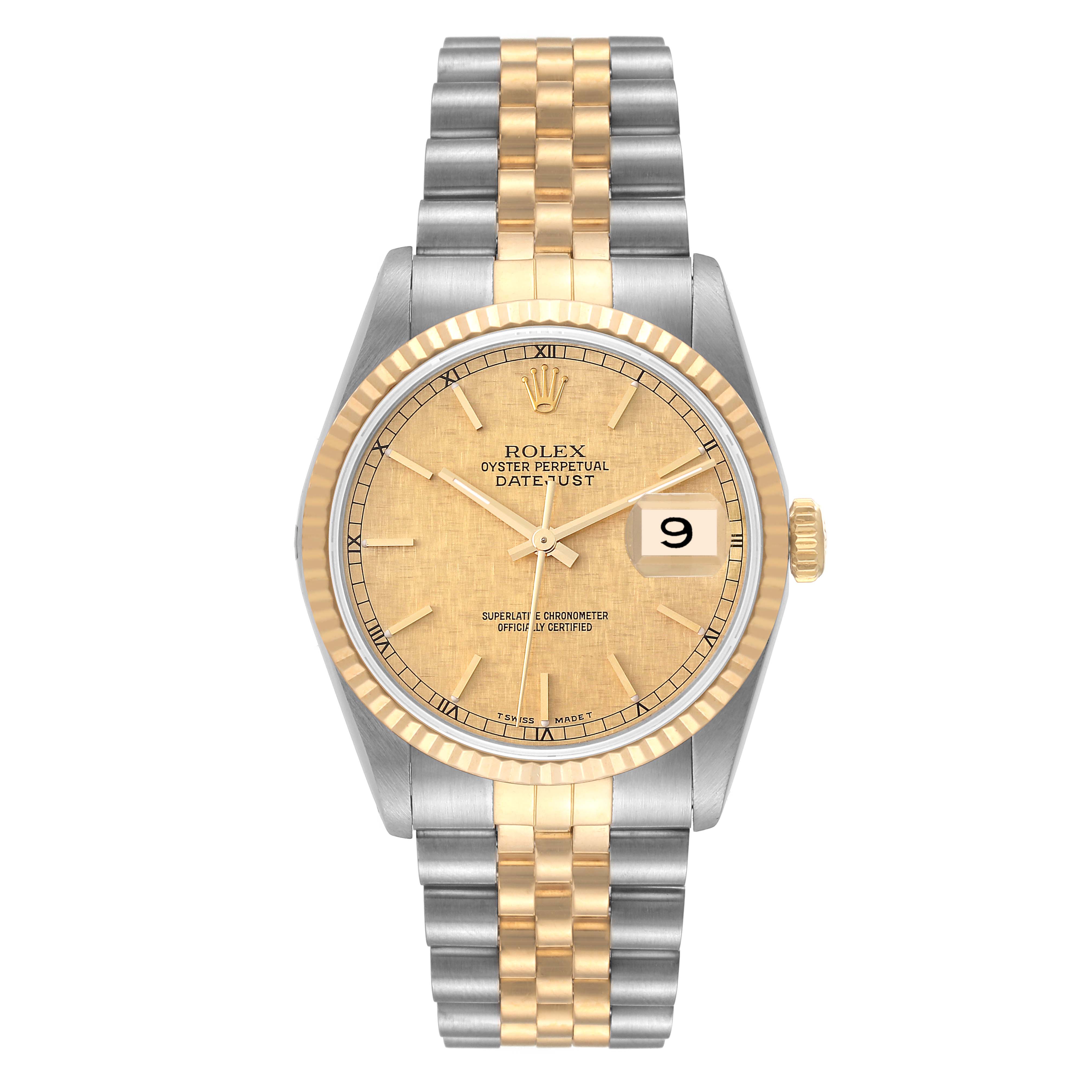 This is a frontal view of a Rolex Datejust 16233 Men's Steel and Gold (two tone) Champagne Dial 16233 Men's Steel and Gold (two tone) Champagne Dial model showing its dial, hands, date window, bezel, and two-tone bracelet.