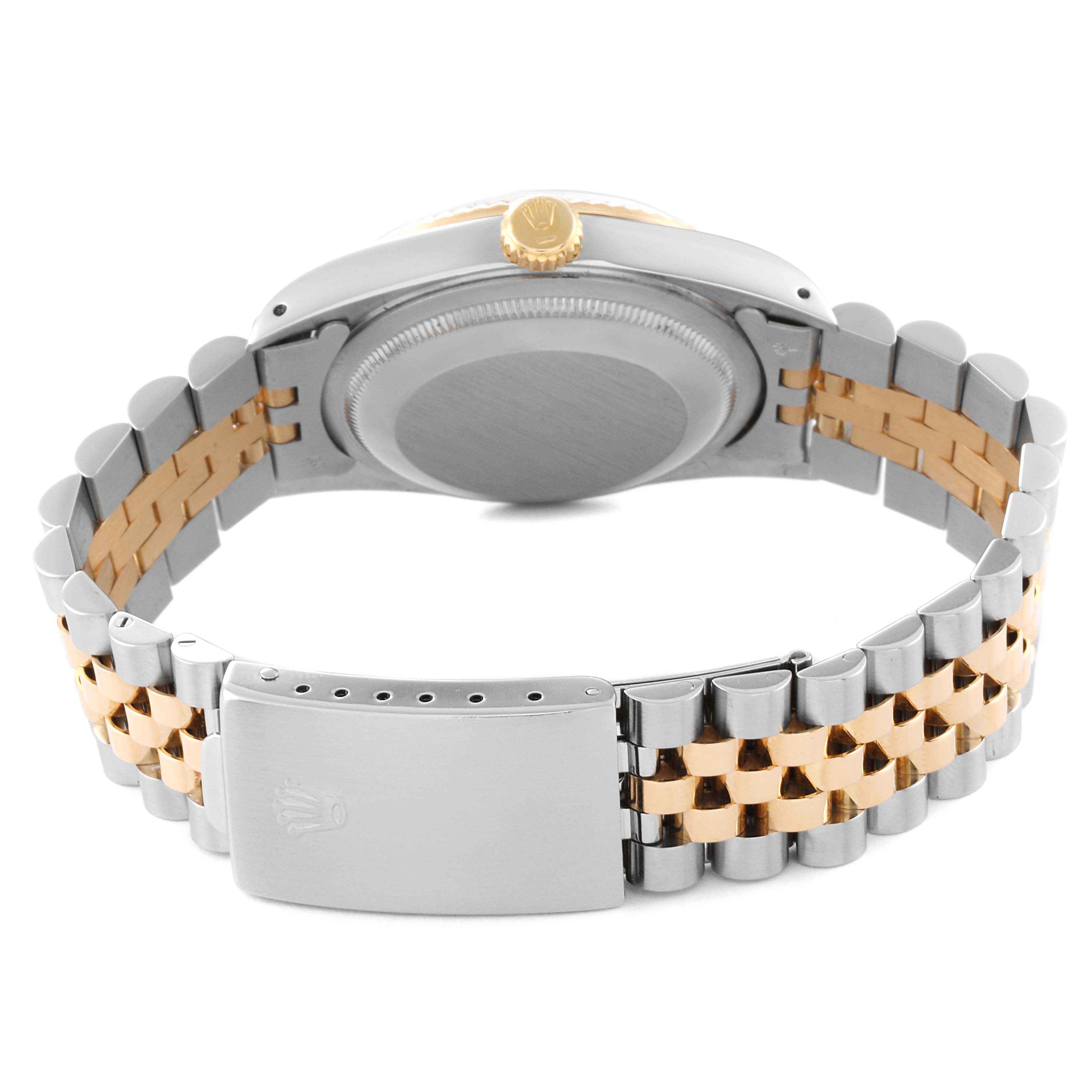 This image shows the back view of a Rolex Datejust 16233 Men's Steel and Gold (two tone) Champagne Dial 16233 Men's Steel and Gold (two tone) Champagne Dial watch, displaying its bracelet, clasp, and caseback.