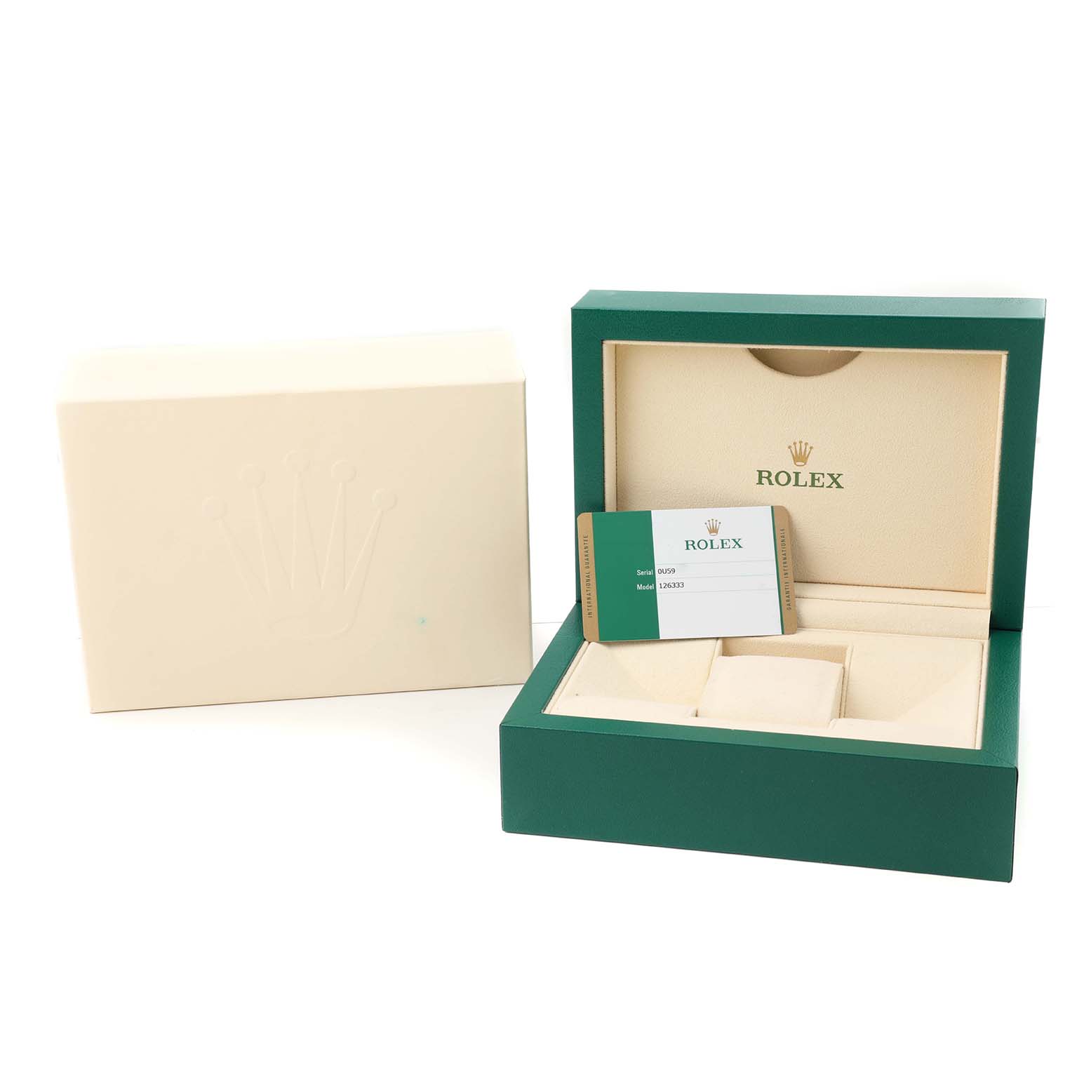 The image shows a Rolex Datejust 126333 Men's Steel and Gold (two tone) Grey Dial watch box open, with its warranty card displayed in the lid.