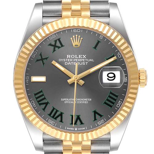 The Rolex Datejust 126333 Men's Steel and Gold (two tone) Grey Dial watch is shown from the front, highlighting the face, fluted bezel, and two-tone bracelet.