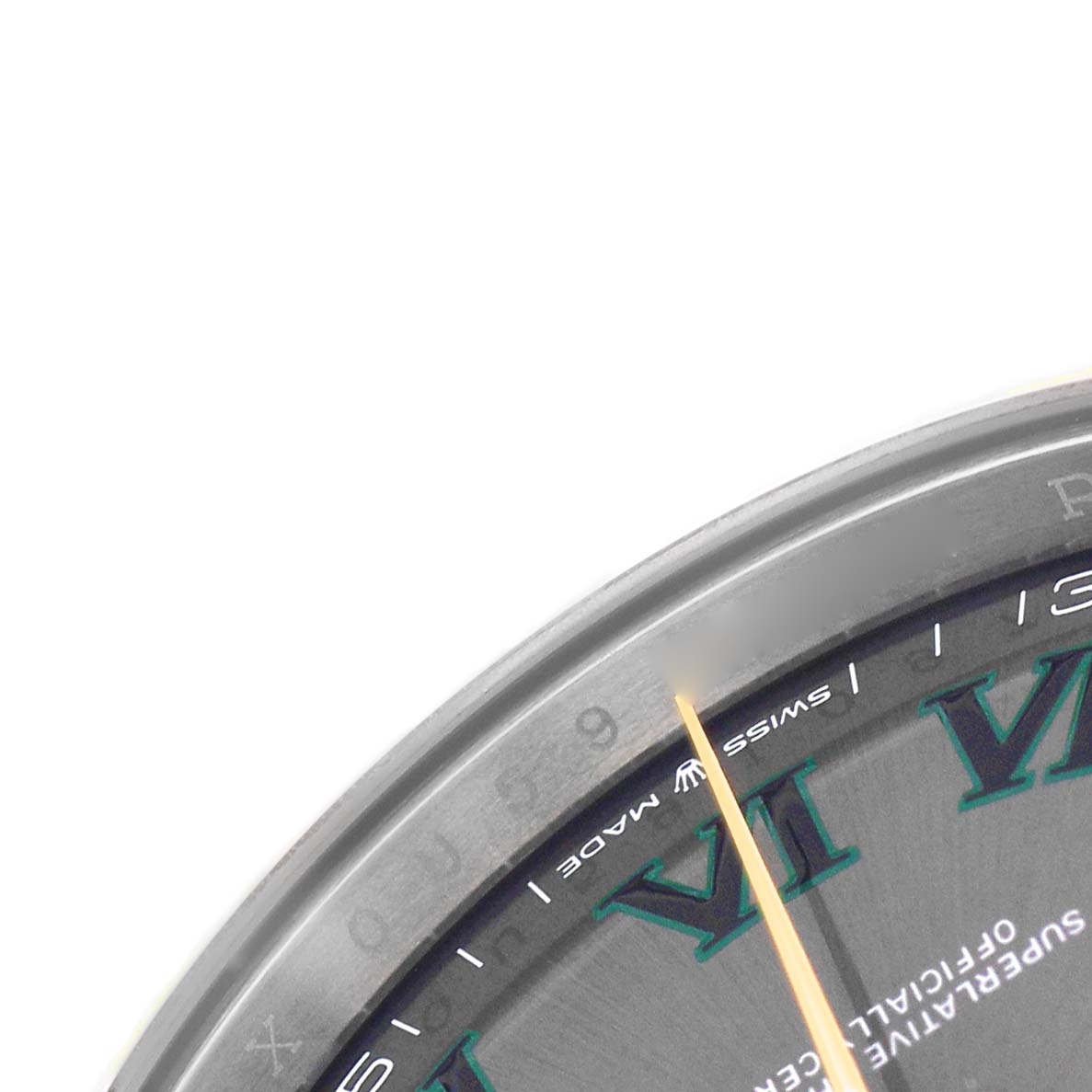 The image shows a close-up of the bezel and dial edge of a Rolex Datejust 126333 Men's Steel and Gold (two tone) Grey Dial, highlighting the Roman numerals and minute markers.