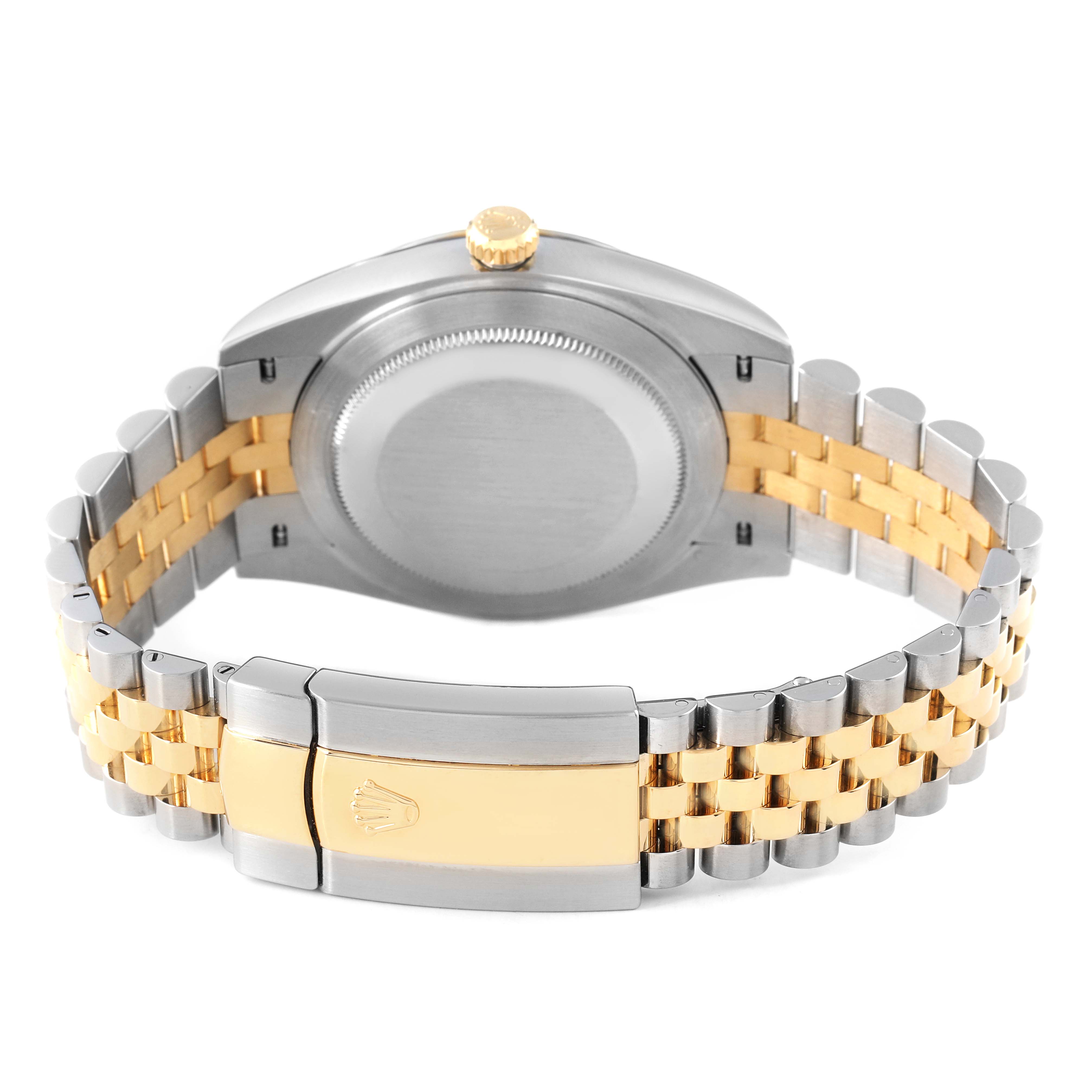 The image shows a Rolex Datejust 126333 Men's Steel and Gold (two tone) Grey Dial watch from the back, displaying the case back, crown, and two-tone Jubilee bracelet.