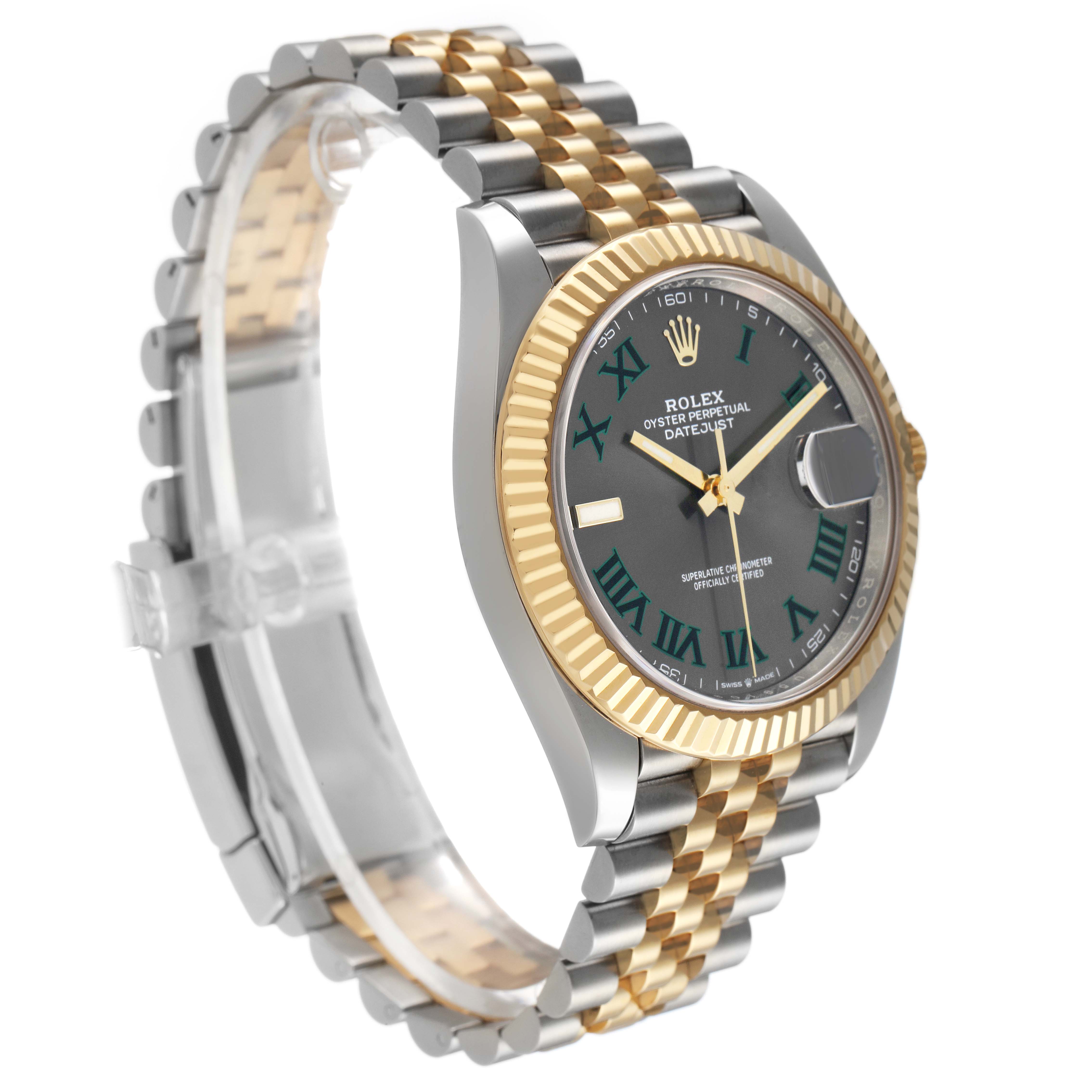 The Rolex Datejust 126333 Men's Steel and Gold (two tone) Grey Dial watch is shown at a three-quarter angle, highlighting the bezel, dial, and two-tone bracelet.