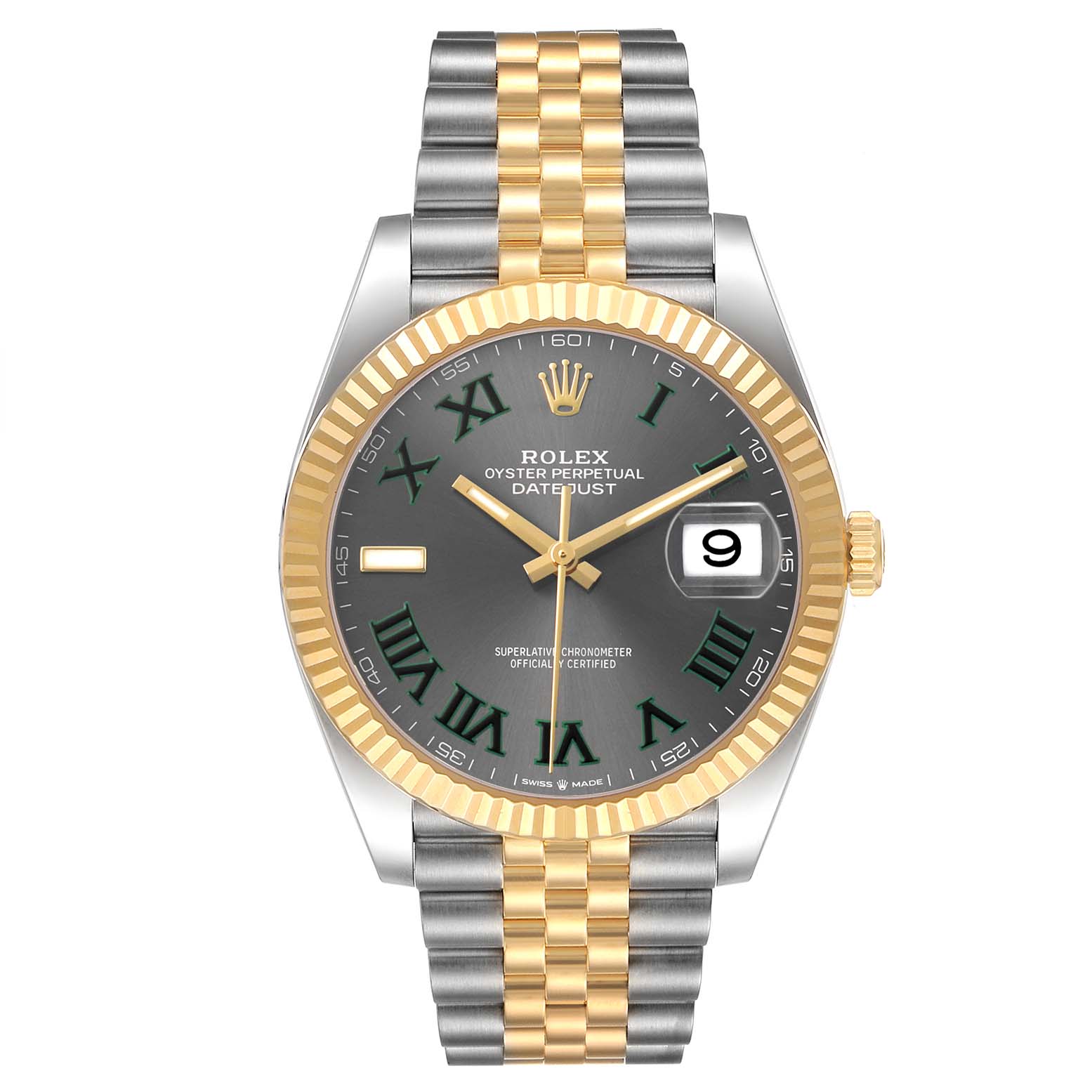 The Rolex Datejust 126333 Men's Steel and Gold (two tone) Grey Dial watch is shown from the front, featuring a two-tone bracelet, gold fluted bezel, and gray dial with Roman numerals.