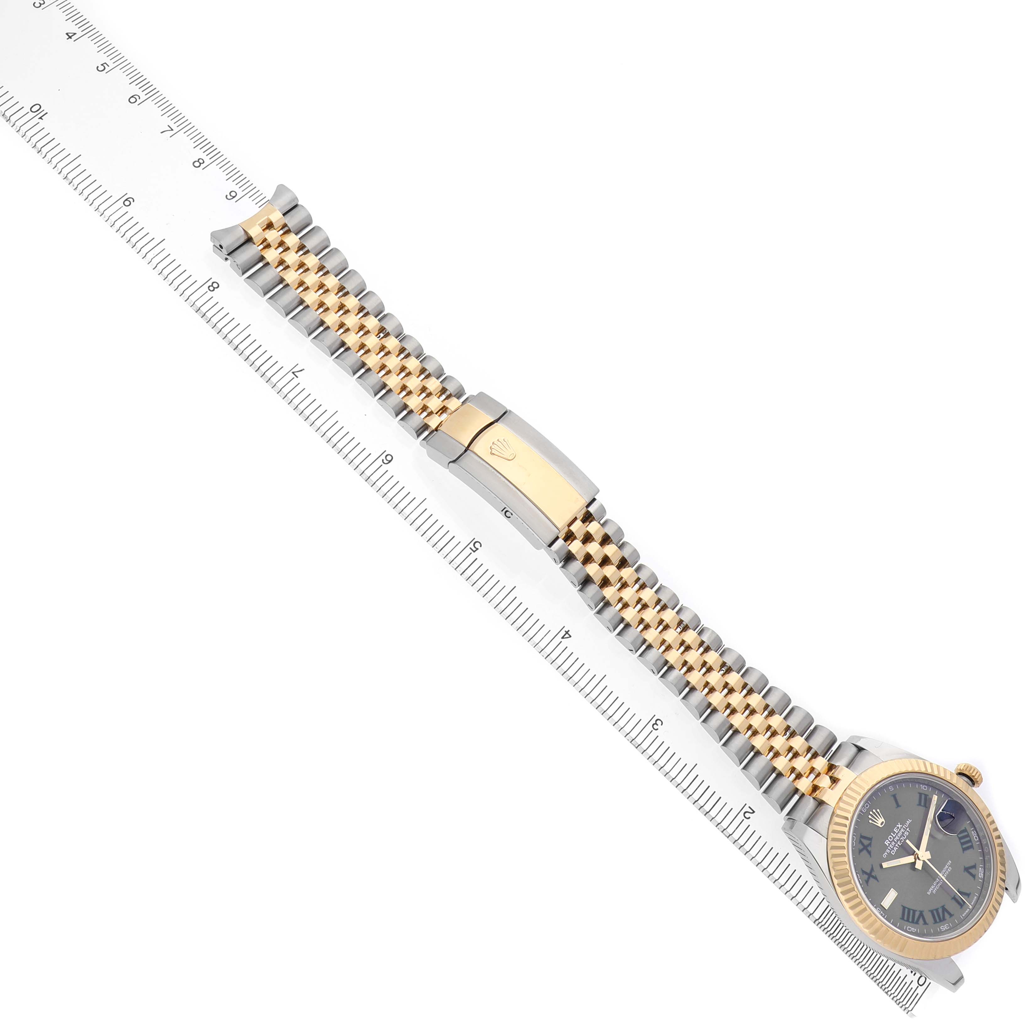 The Rolex Datejust 126333 Men's Steel and Gold (two tone) Grey Dial watch is shown from an angled top view, highlighting the bracelet, clasp, and face.