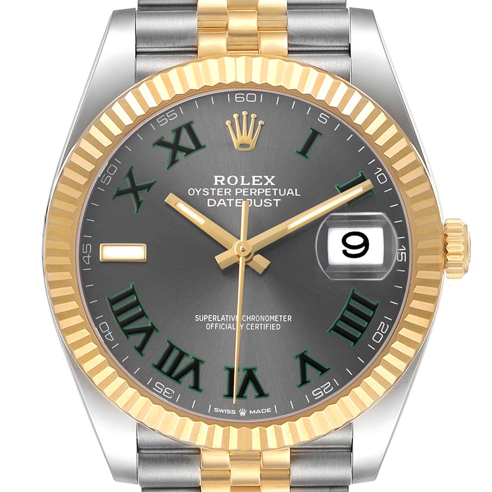 The Rolex Datejust 126333 Men's Steel and Gold (two tone) Grey Dial watch is shown from the front, highlighting the bezel, dial, hands, crown, and bracelet.