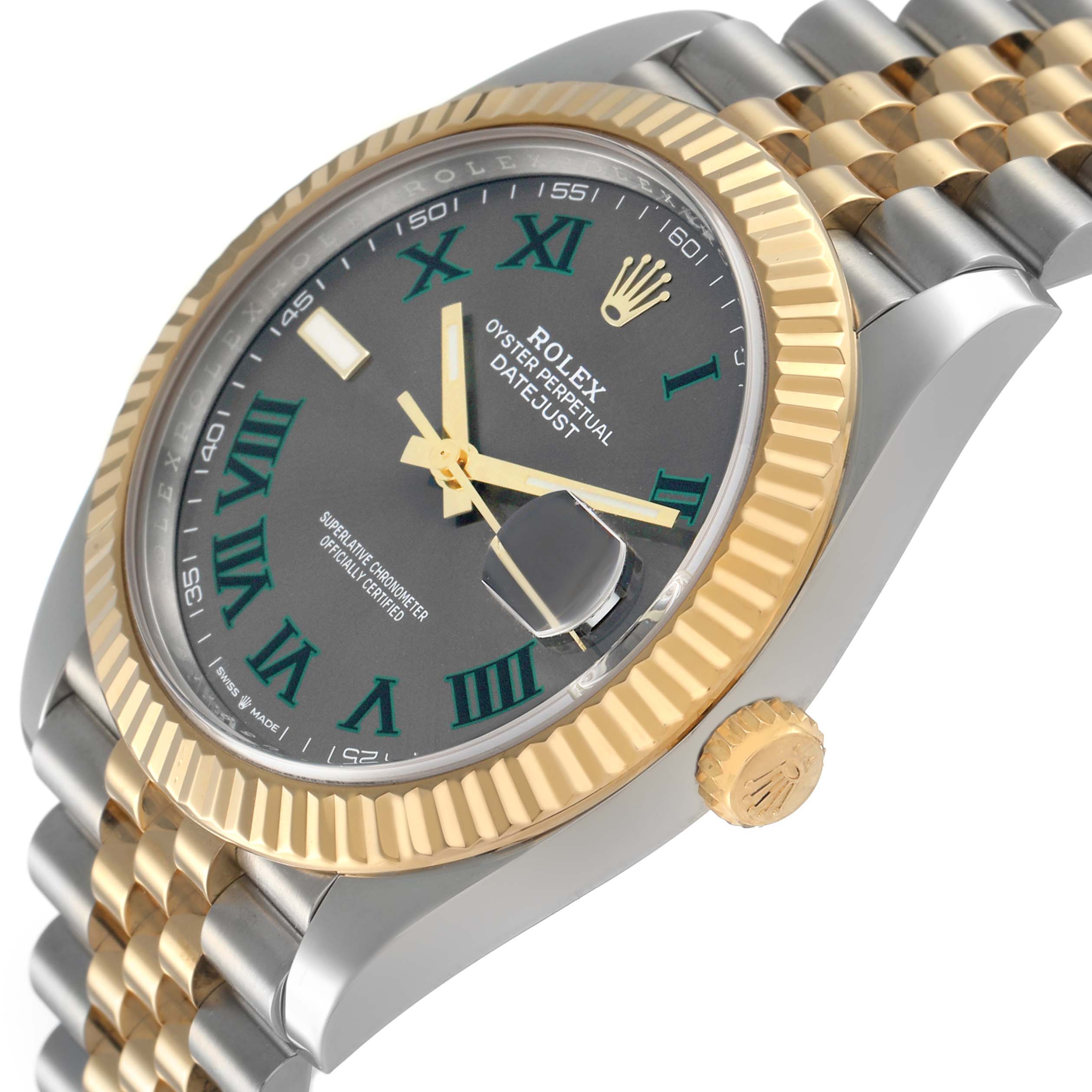 The Rolex Datejust 126333 Men's Steel and Gold (two tone) Grey Dial watch is shown at a three-quarter angle, displaying the face, bezel, crown, and part of the bracelet.