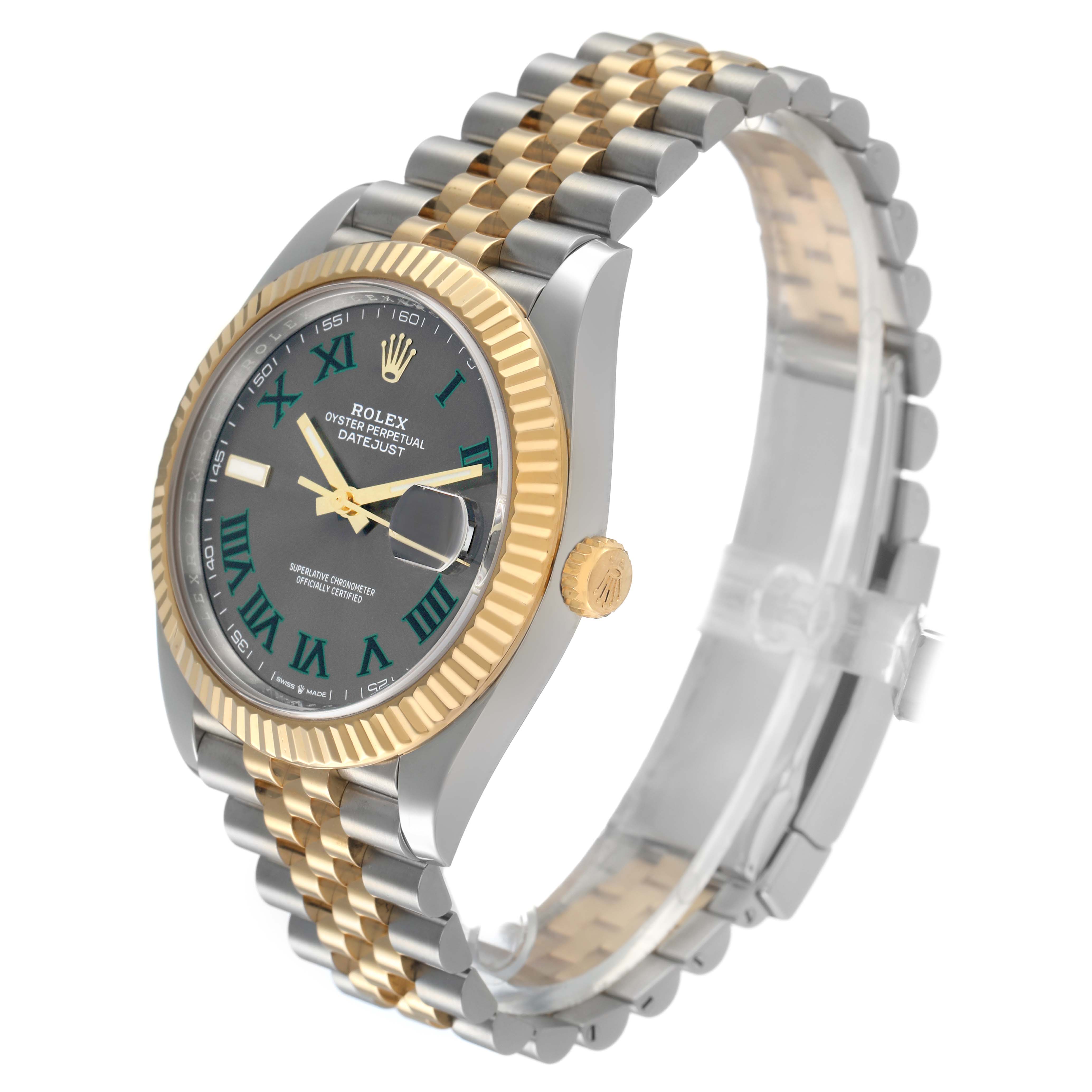 The Rolex Datejust 126333 Men's Steel and Gold (two tone) Grey Dial watch is shown at a three-quarter angle, featuring its bezel, crown, dial, and Jubilee bracelet.