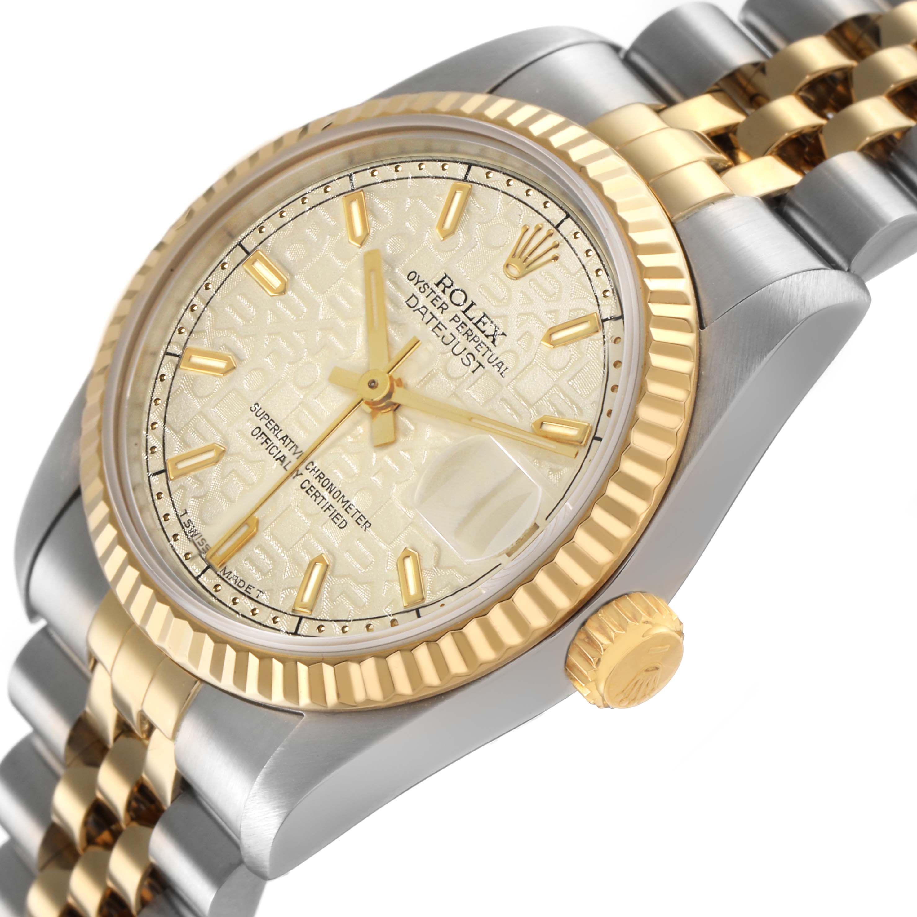 The Rolex Mid-Size 68273 Women's Stainless Steel Beige Dial model is shown from a slightly angled side view, highlighting the gold bezel and crown, champagne dial, and bracelet.