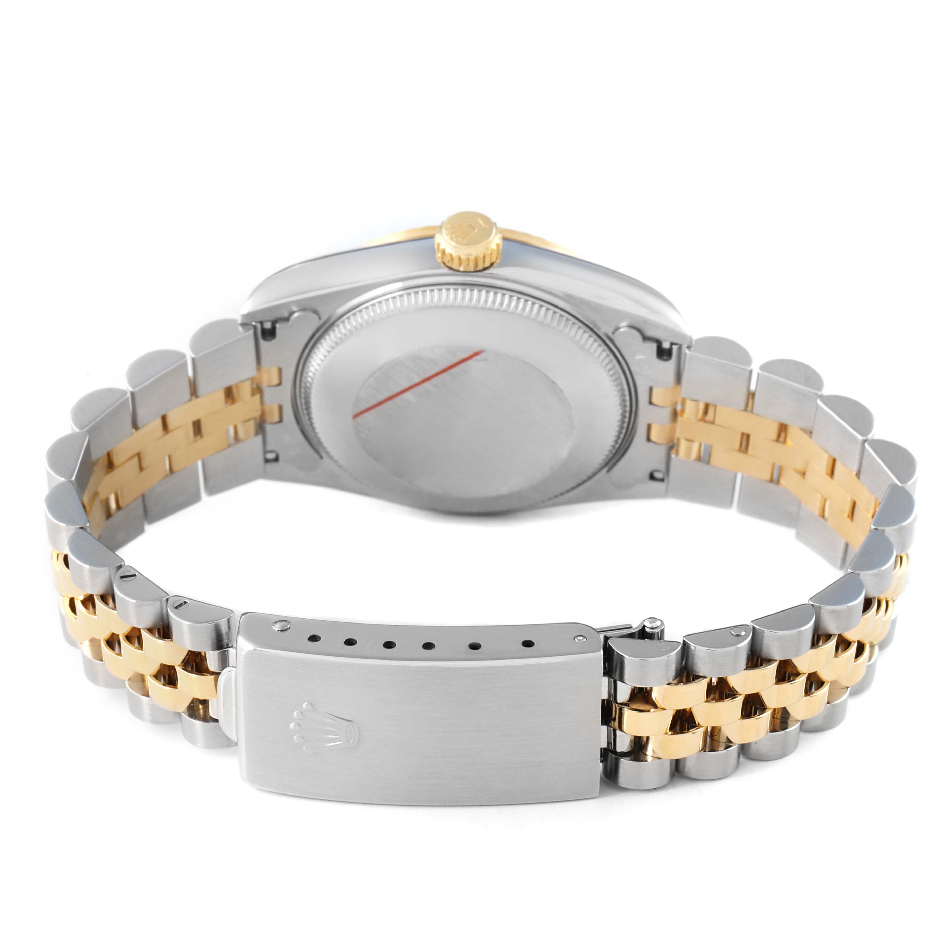 The image shows the back of a Rolex Mid-Size 68273 Women's Stainless Steel Beige Dial watch, highlighting the case back, crown, and two-tone bracelet with clasp.