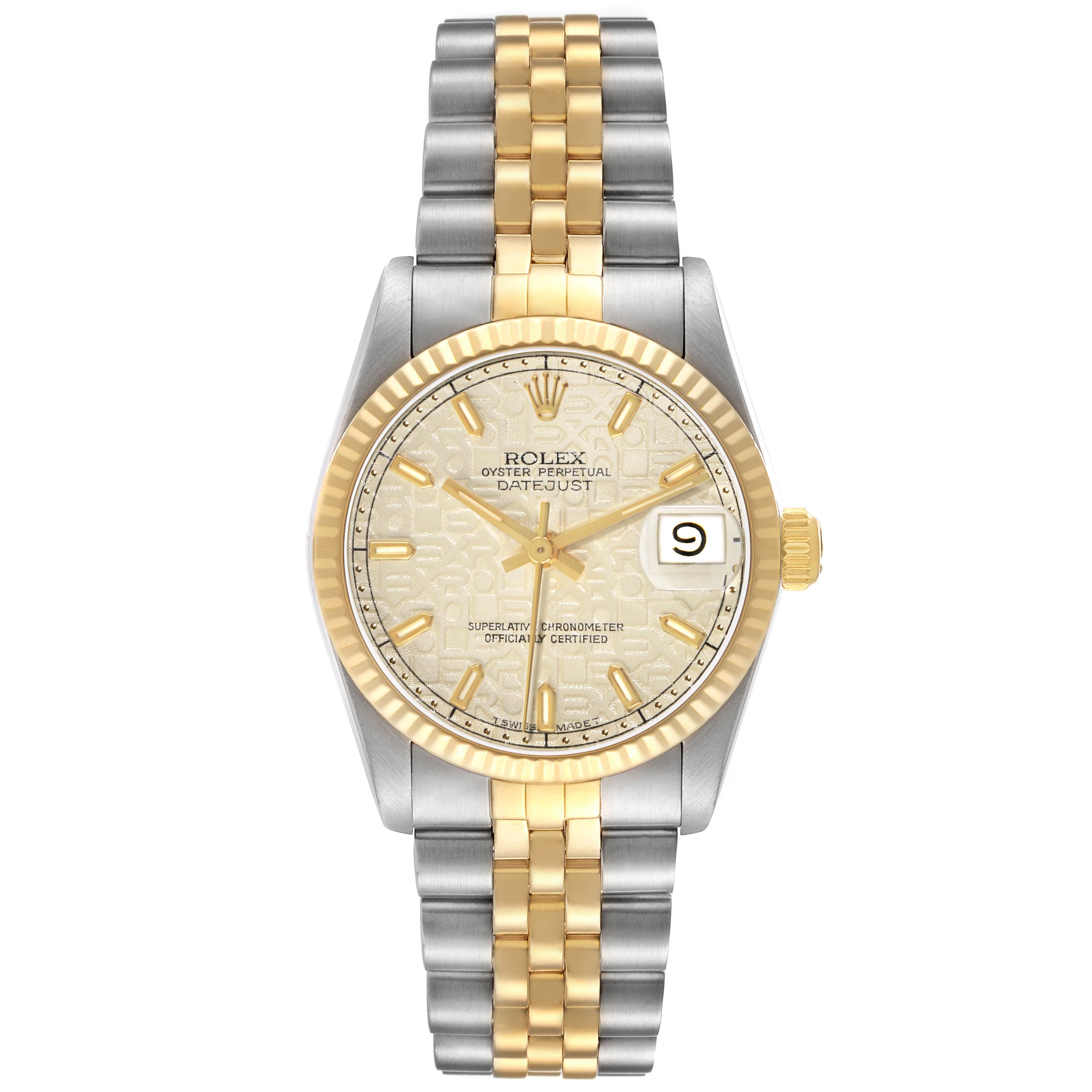 The Rolex Mid-Size 68273 Women's Stainless Steel Beige Dial model is shown from the front, displaying the face, bezel, and bracelet in two-tone metal.