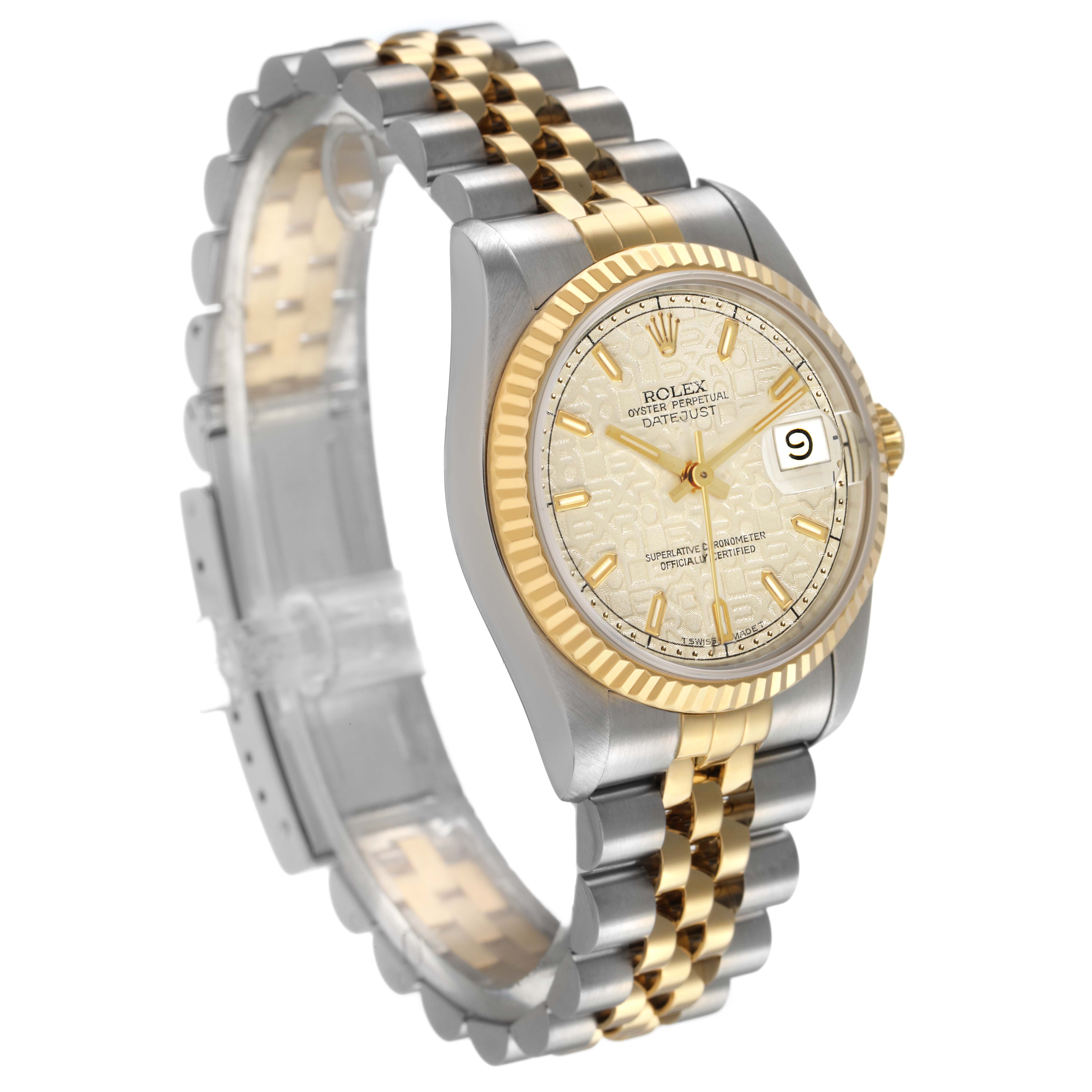 The Rolex Mid-Size 68273 Women's Stainless Steel Beige Dial watch is shown from a slight side angle, displaying the bezel, dial, hands, date, and bracelet.
