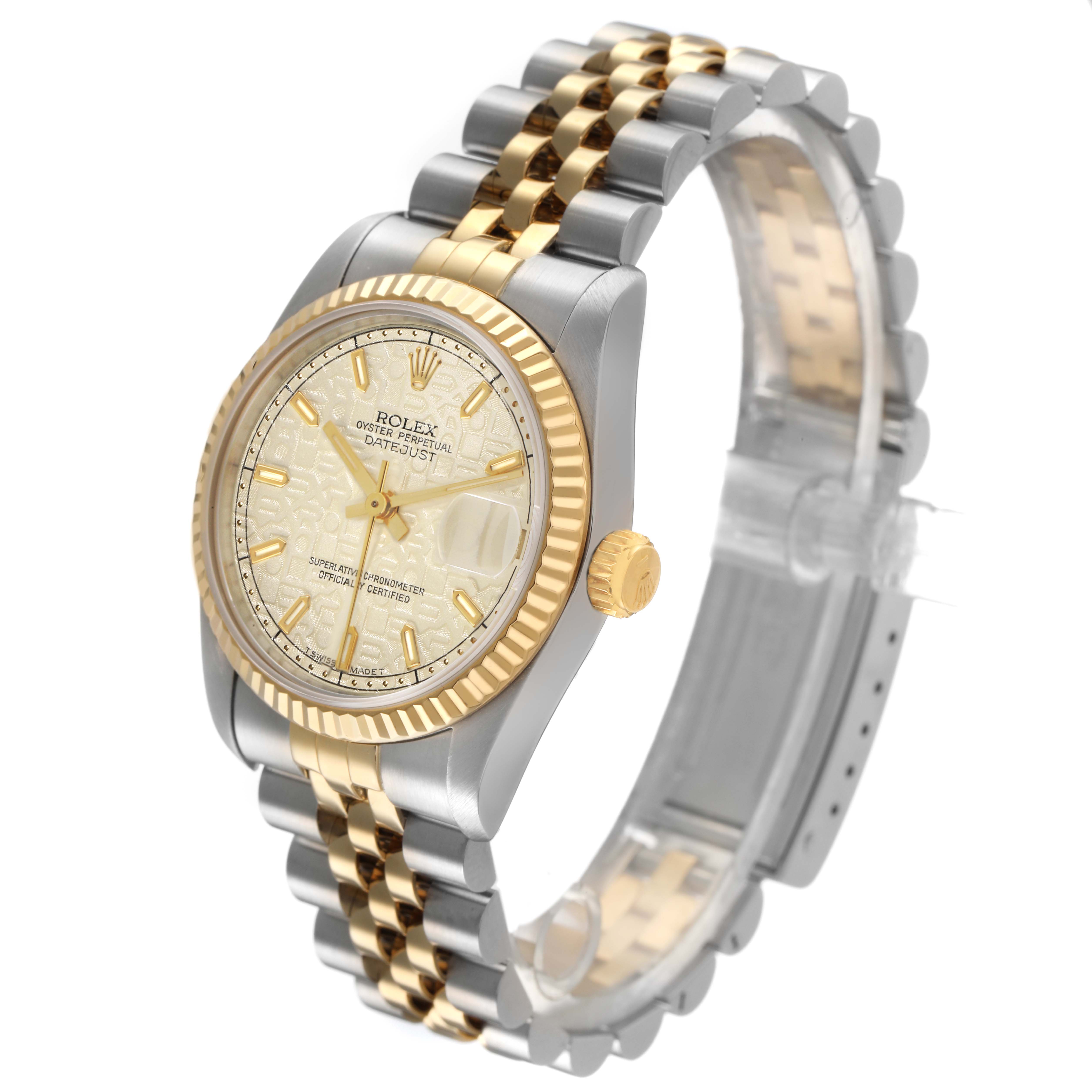 The Rolex Datejust Mid-Size watch is shown at a slight angle, highlighting the bezel, dial, crown, and two-tone bracelet.