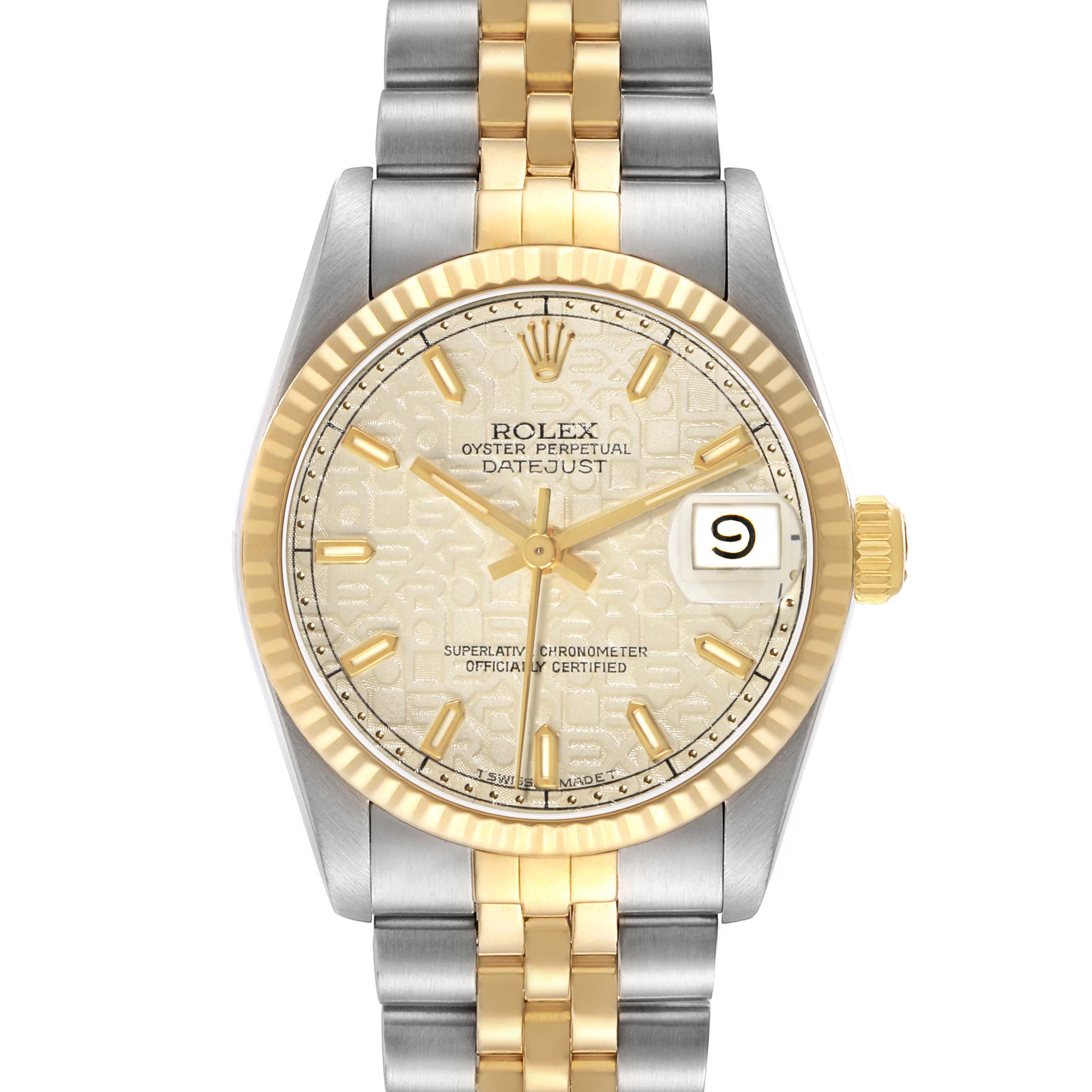 The Rolex Mid-Size 68273 Women's Stainless Steel Beige Dial Datejust watch is shown from the front, highlighting its gold and silver two-tone design, face, and bracelet.