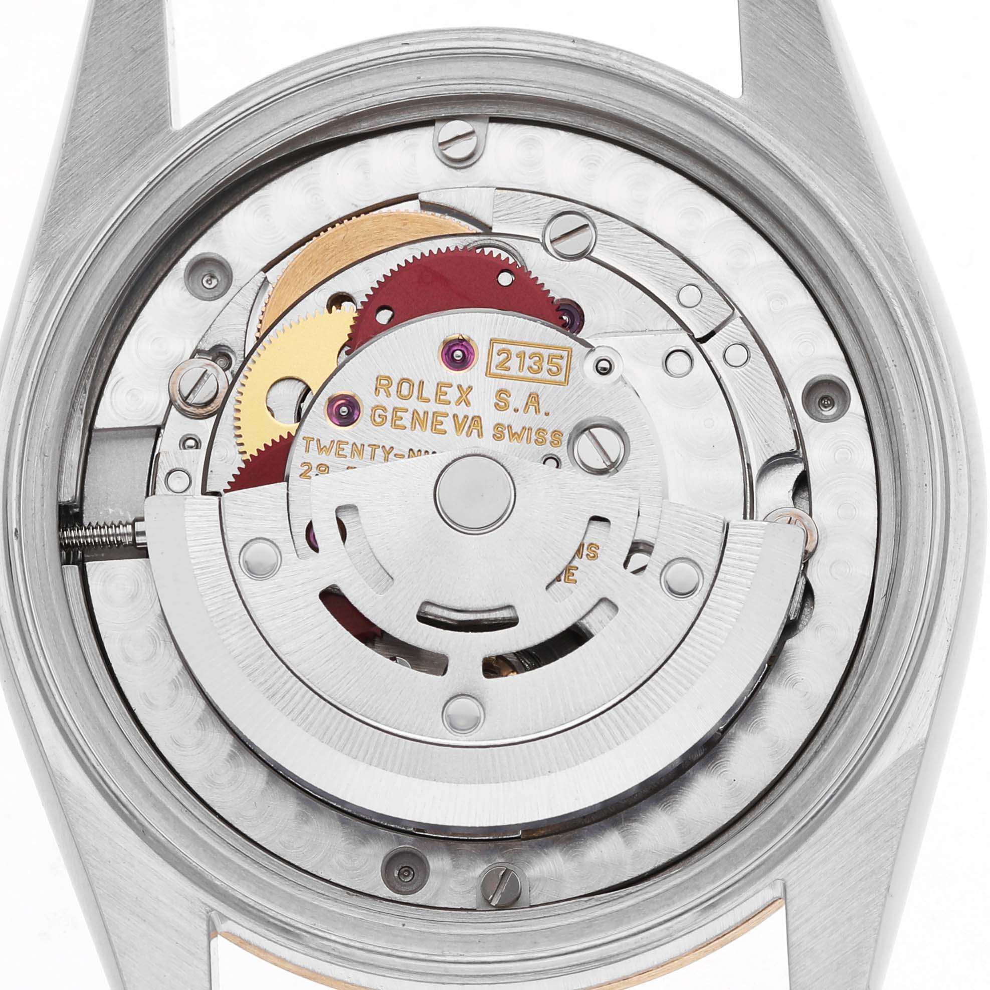 The image shows a close-up of the Rolex Mid-Size 68273 Women's Stainless Steel Beige Dial watch movement, highlighting its intricate components from the back.