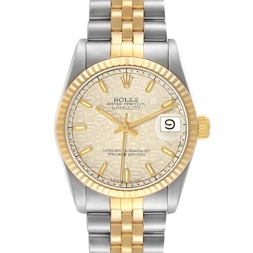 The image shows a front view of a Rolex Mid-Size 68273 Women's Stainless Steel Beige Dial Datejust watch with a two-tone bracelet and a gold and silver design.