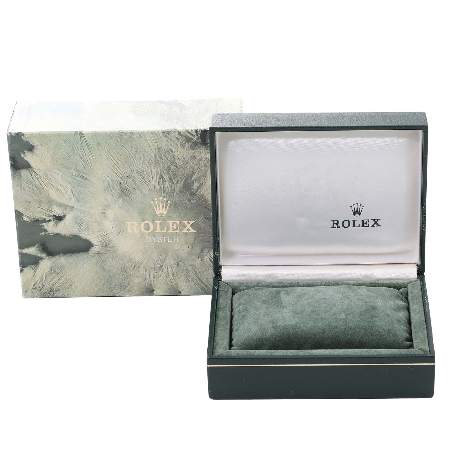 The image shows the packaging for a Mid-Size Rolex watch, featuring the outer box and the watch case with the cushion inside.