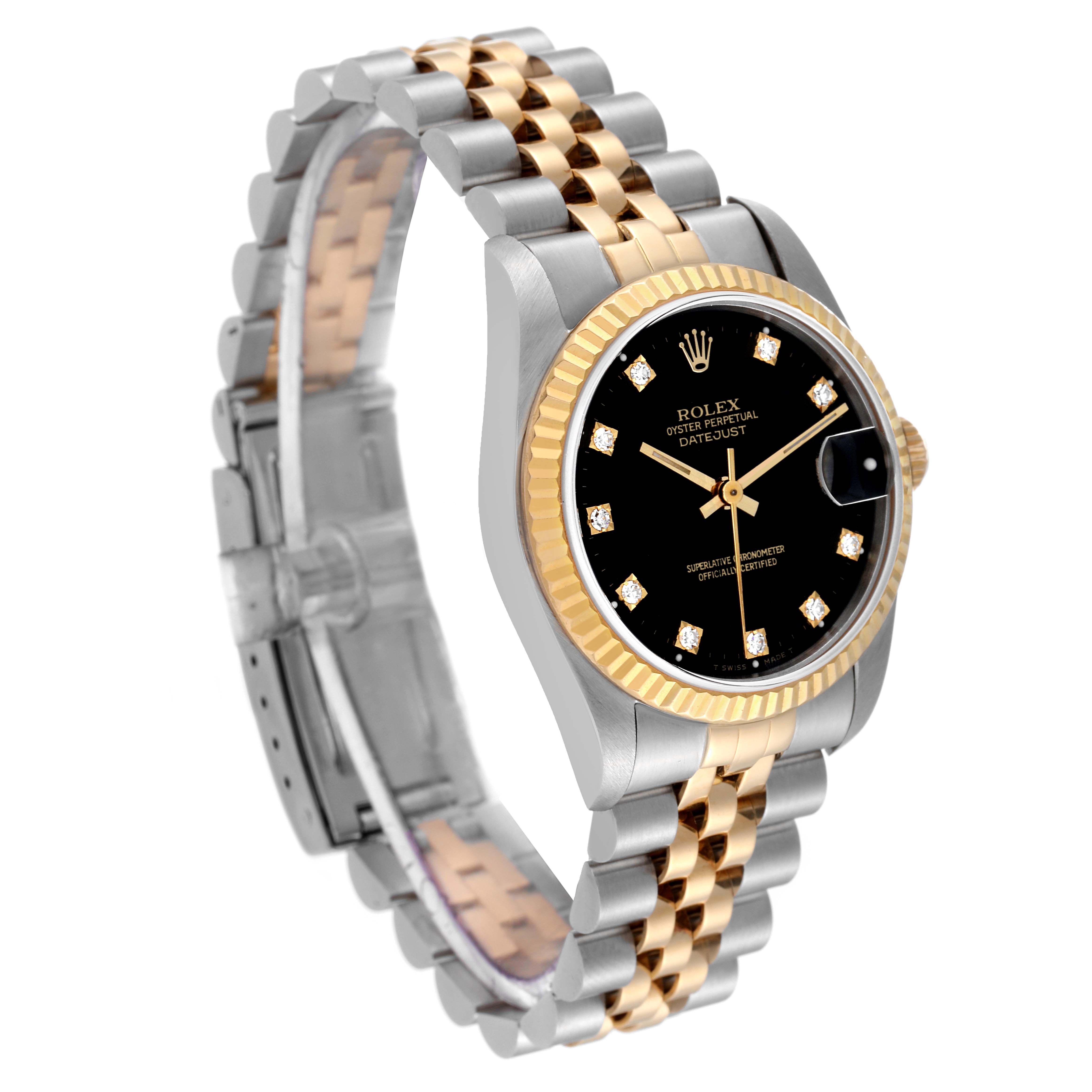 The image shows a Rolex Mid-Size 68273 Women's Steel and Gold (two tone) Black Dial 68273 Women's Steel and Gold (two tone) Black Dial Datejust watch from a 3/4 angle, highlighting the two-tone bracelet, black dial, and fluted bezel.