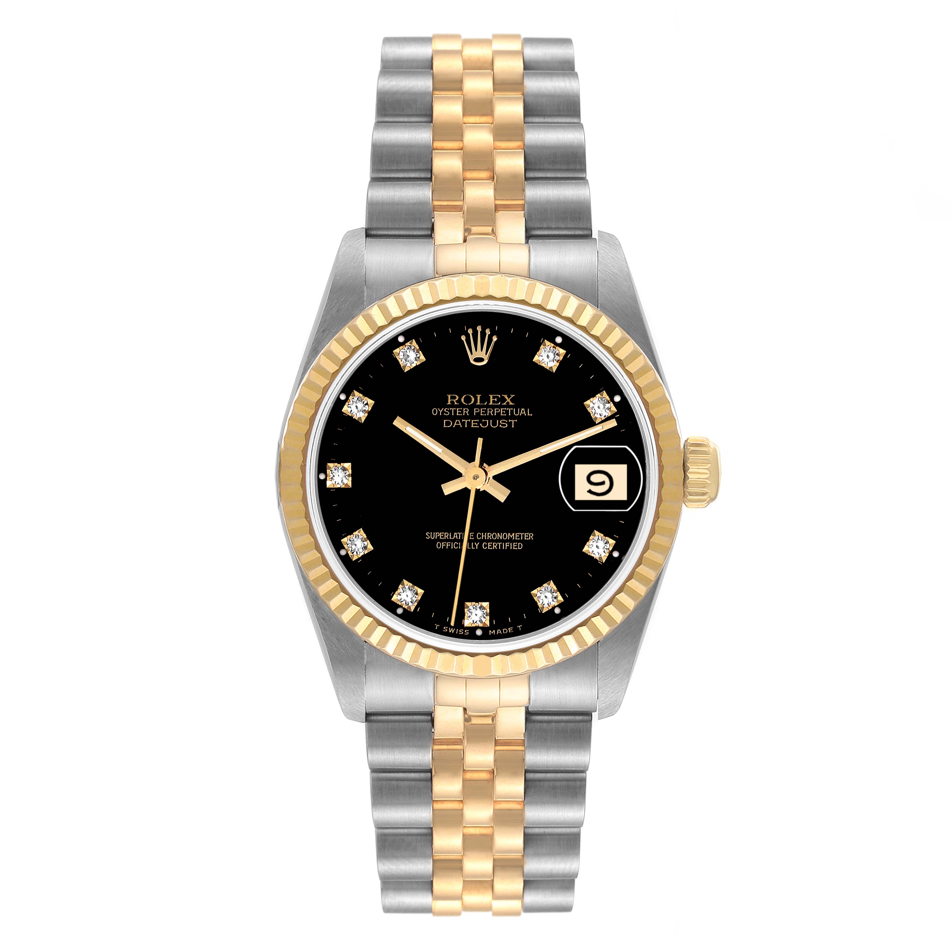 This image shows a front view of a Rolex Datejust Mid-Size watch with a two-tone bracelet and a black diamond dial.
