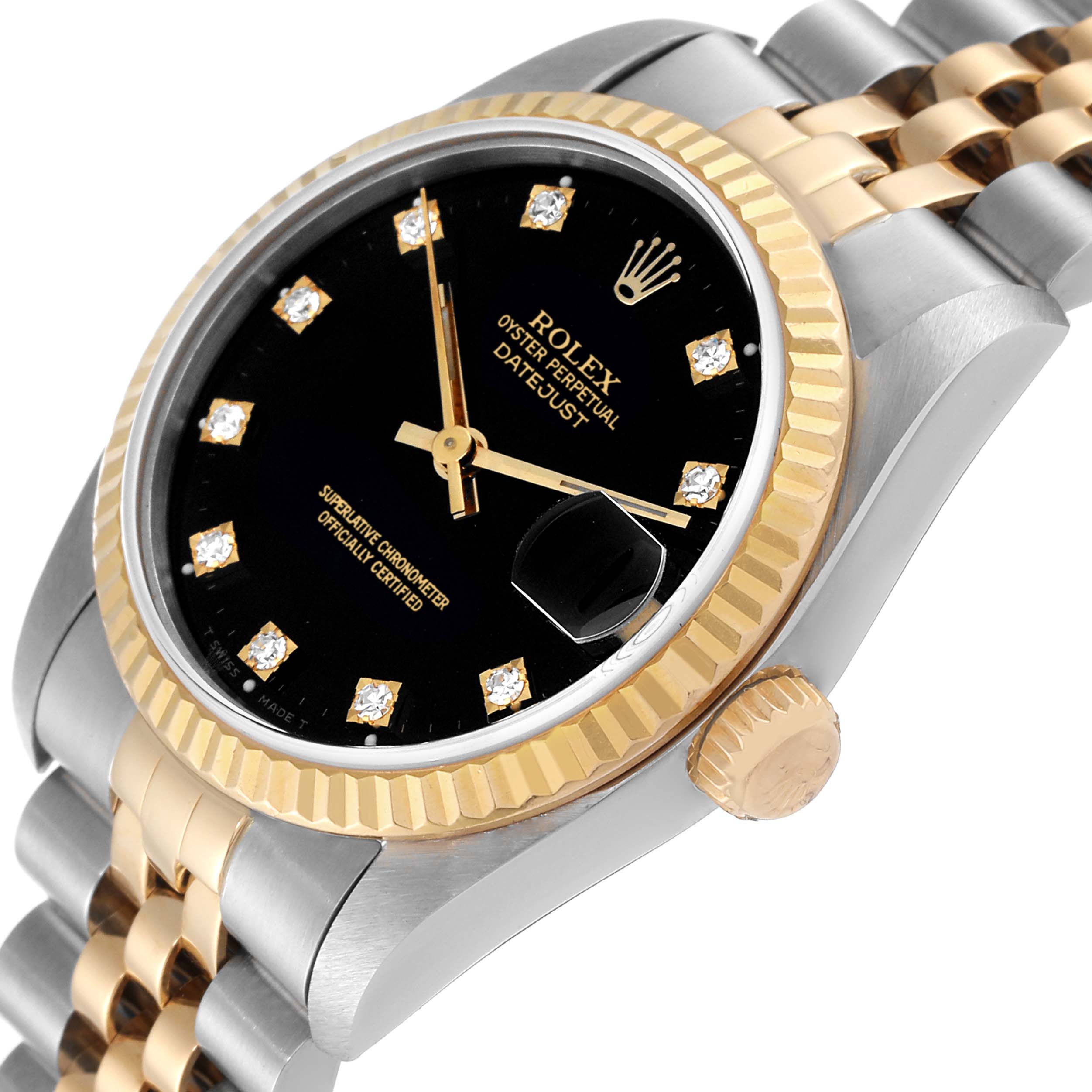 The Rolex Mid-Size 68273 Women's Steel and Gold (two tone) Black Dial 68273 Women's Steel and Gold (two tone) Black Dial watch is shown at a three-quarter angle, highlighting the black dial, diamond hour markers, and the two-tone bracelet and crown.