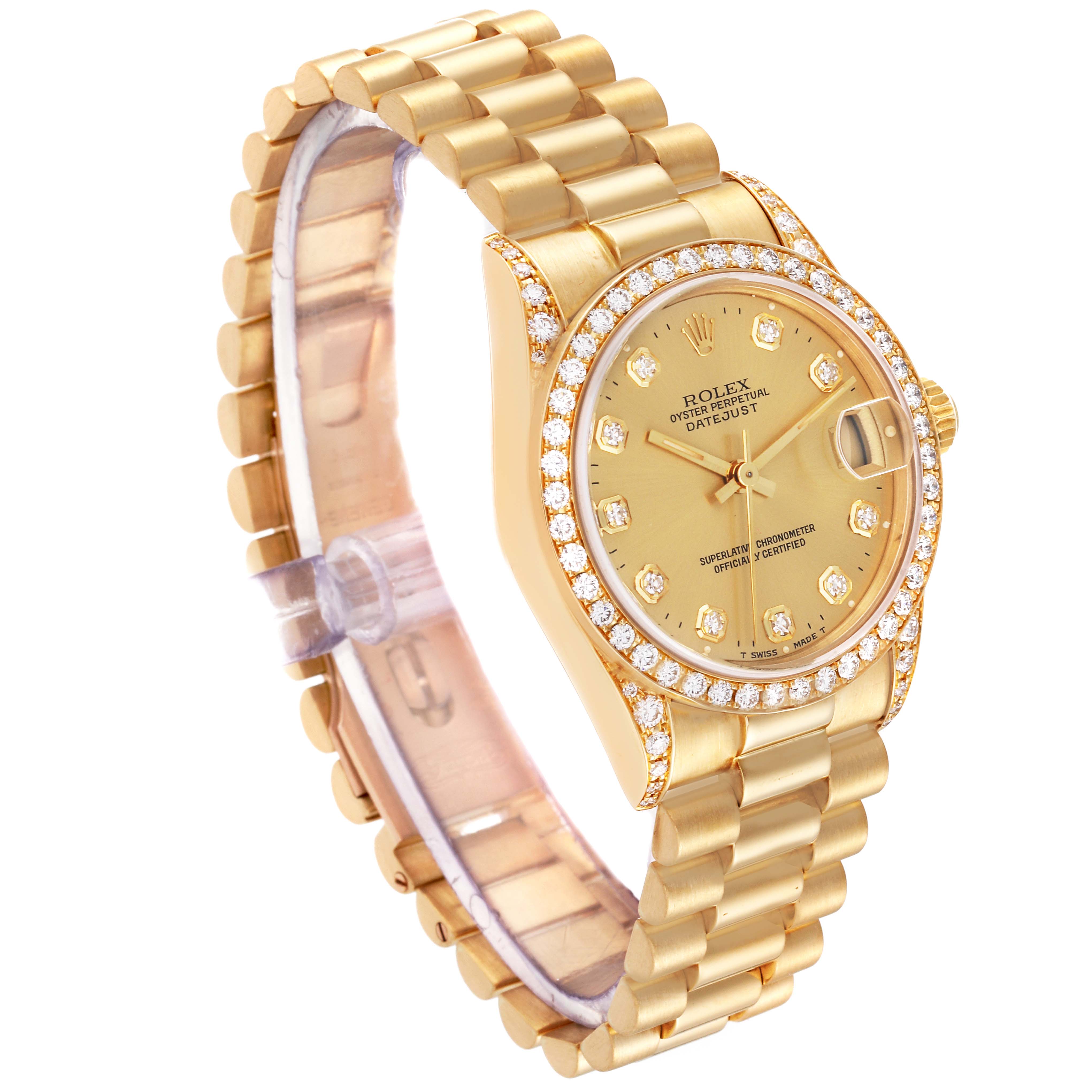 This image shows a Rolex President 68158 Women
s Yellow Gold Champagne Dial 68158 Women
s Yellow Gold Champagne Dial model watch from an angled view, highlighting its gold bracelet, dial, and diamond bezel.