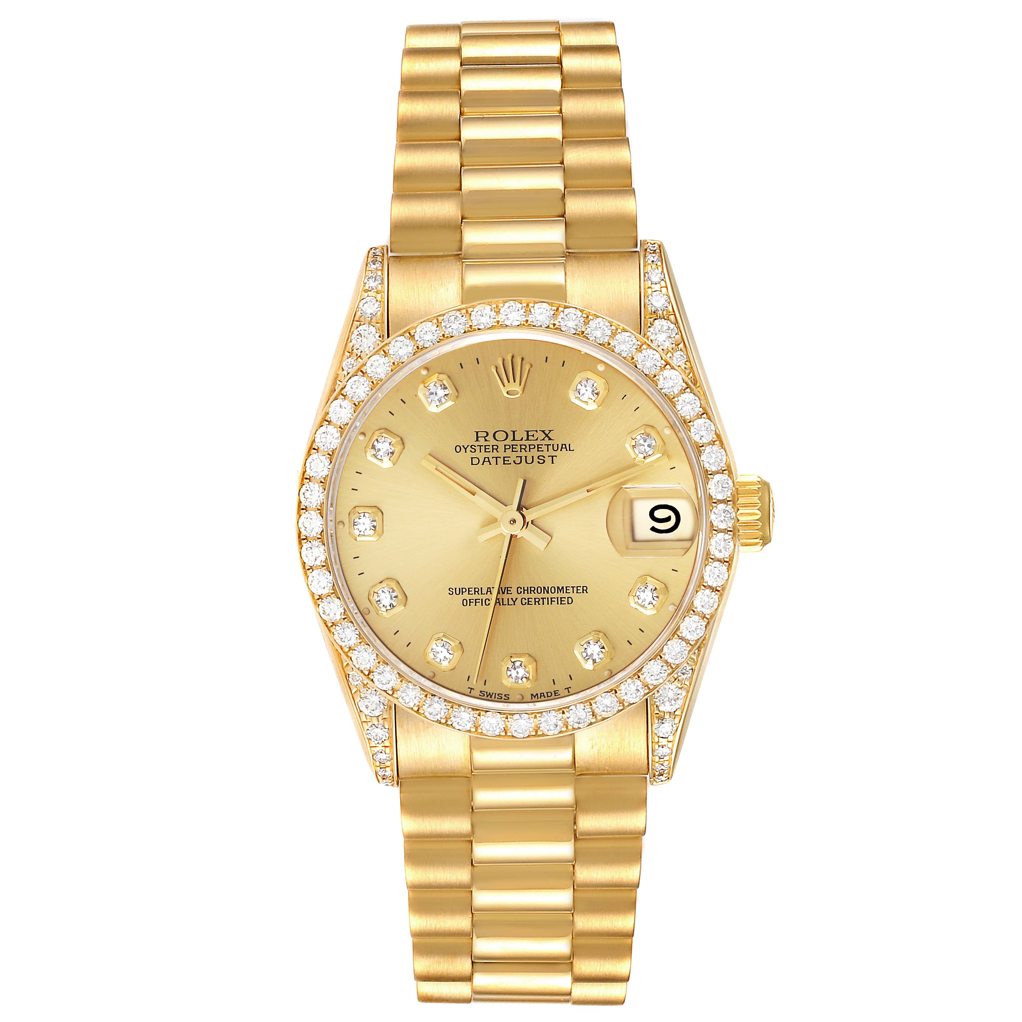 This image shows a frontal view of a Rolex President 68158 Women
s Yellow Gold Champagne Dial 68158 Women
s Yellow Gold Champagne Dial model watch, highlighting its gold band, dial, and diamond-encrusted bezel.