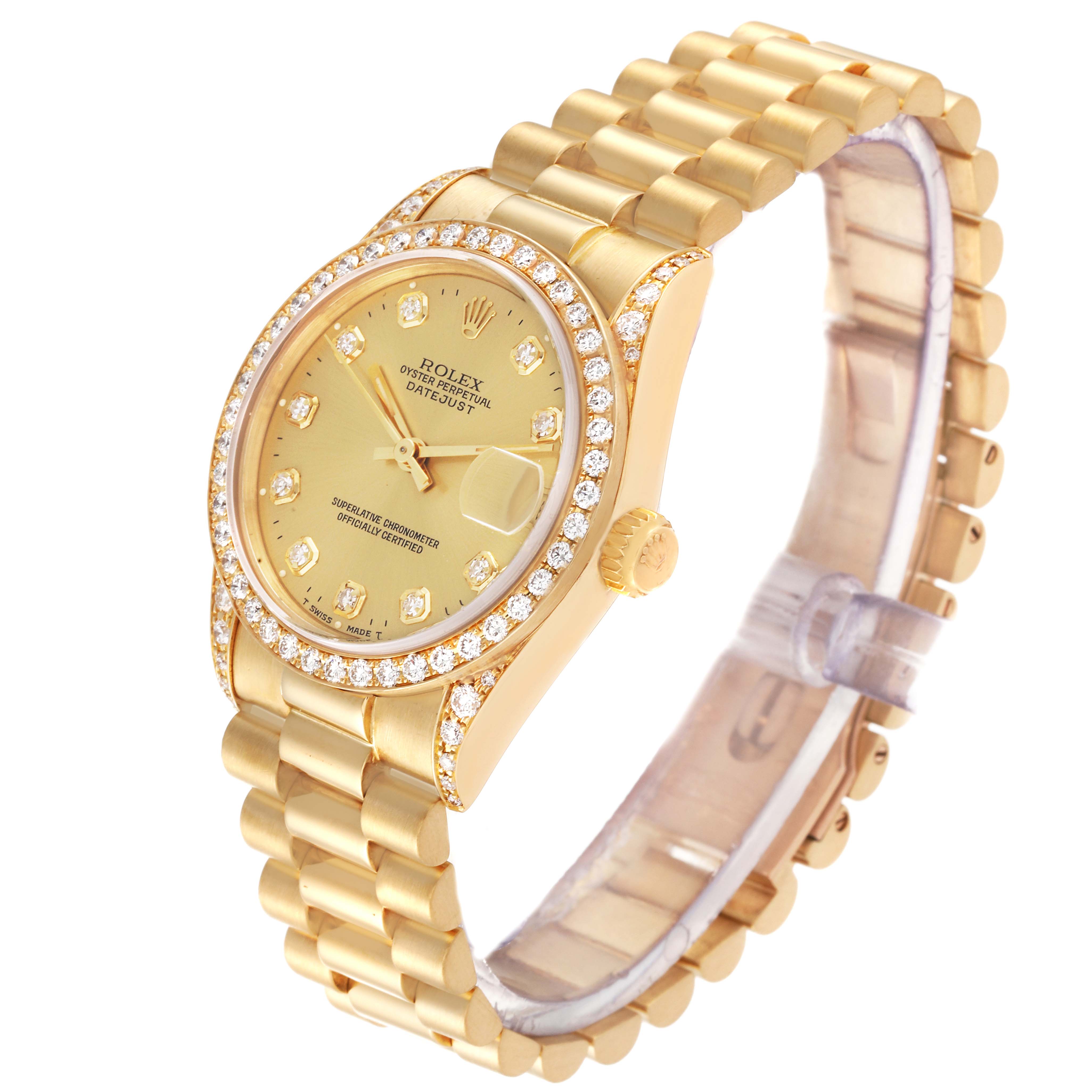 The image shows a Rolex President 68158 Women
s Yellow Gold Champagne Dial 68158 Women
s Yellow Gold Champagne Dial model watch at a right-side angle, highlighting the face, bezel, and bracelet.