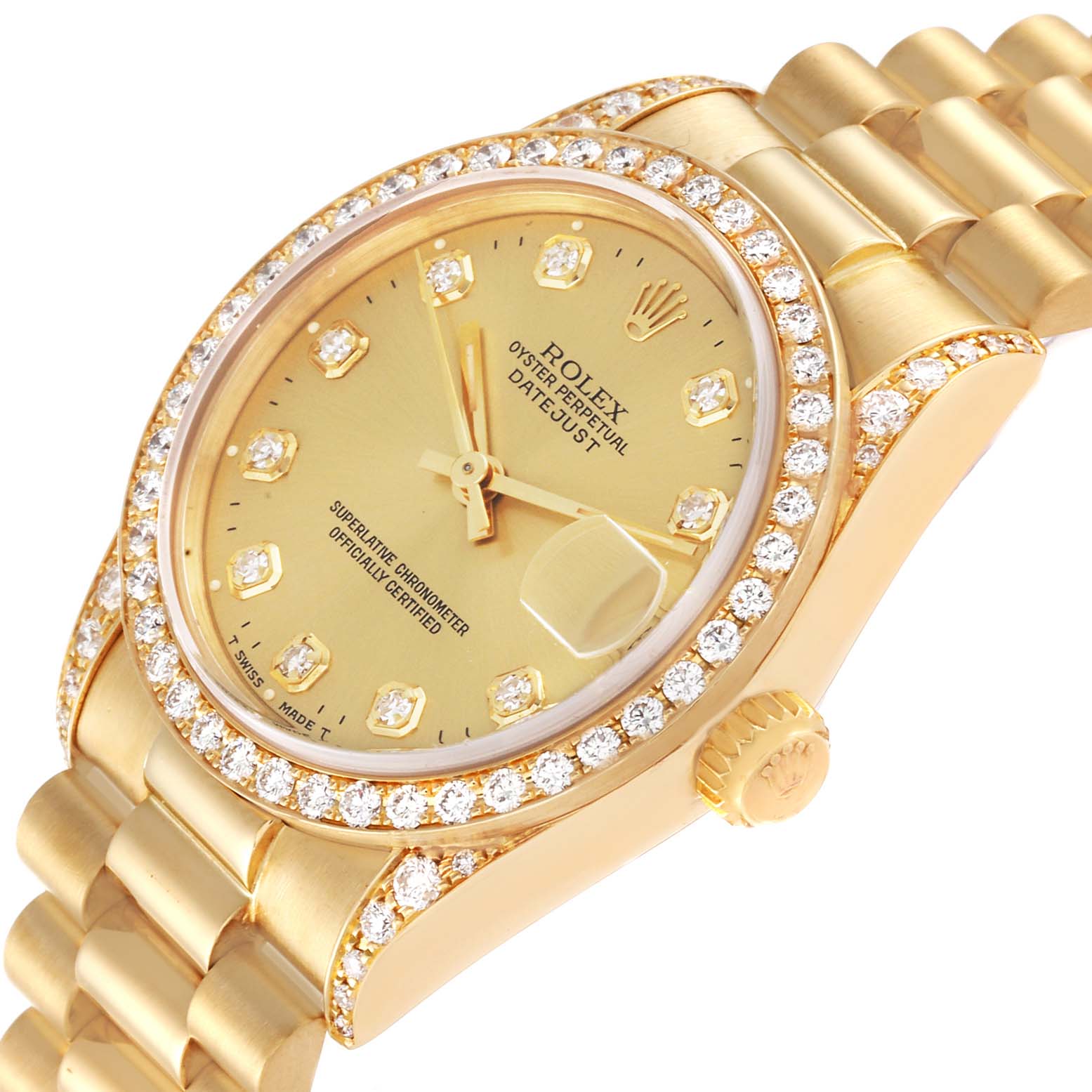 Rolex Datejust President Midsize Yellow Gold Diamond Bezel Ladies Watch ...