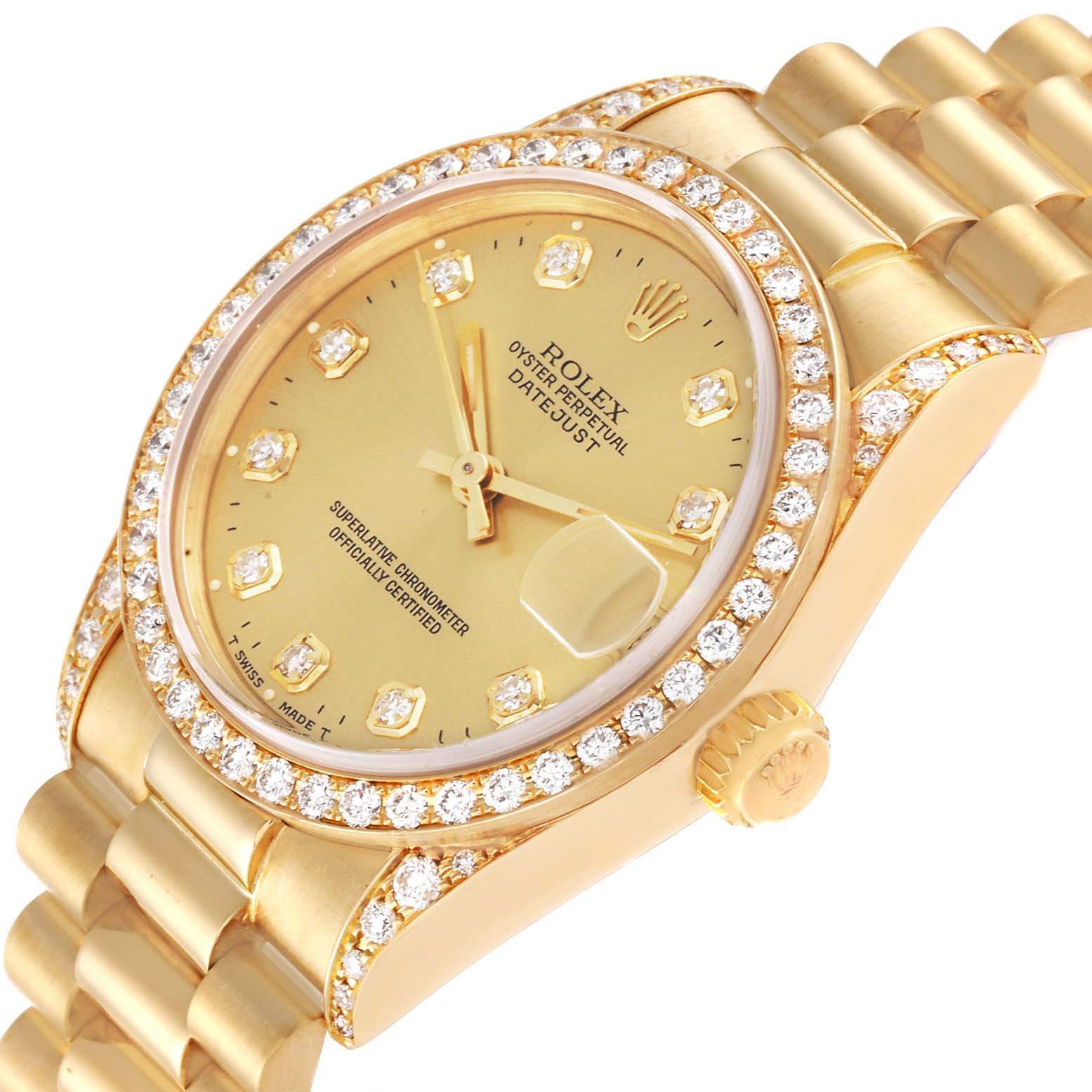 The image shows a close-up, angled view of the Rolex President 68158 Women
s Yellow Gold Champagne Dial 68158 Women
s Yellow Gold Champagne Dial model watch, highlighting its diamond-studded bezel, dial, and partially the bracelet.