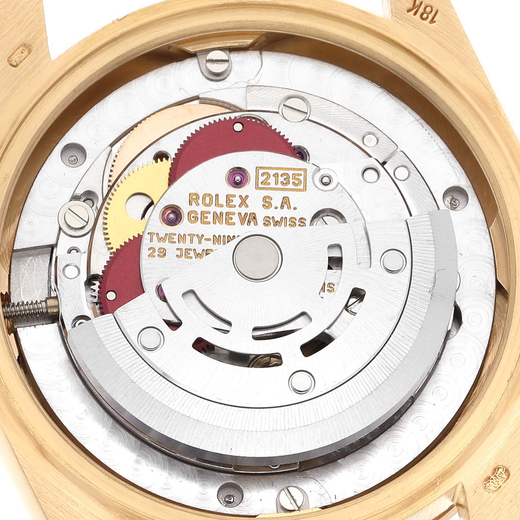 This image shows the inner mechanical movement of a Rolex President 68158 Women
s Yellow Gold Champagne Dial 68158 Women
s Yellow Gold Champagne Dial model watch, viewed from the back.