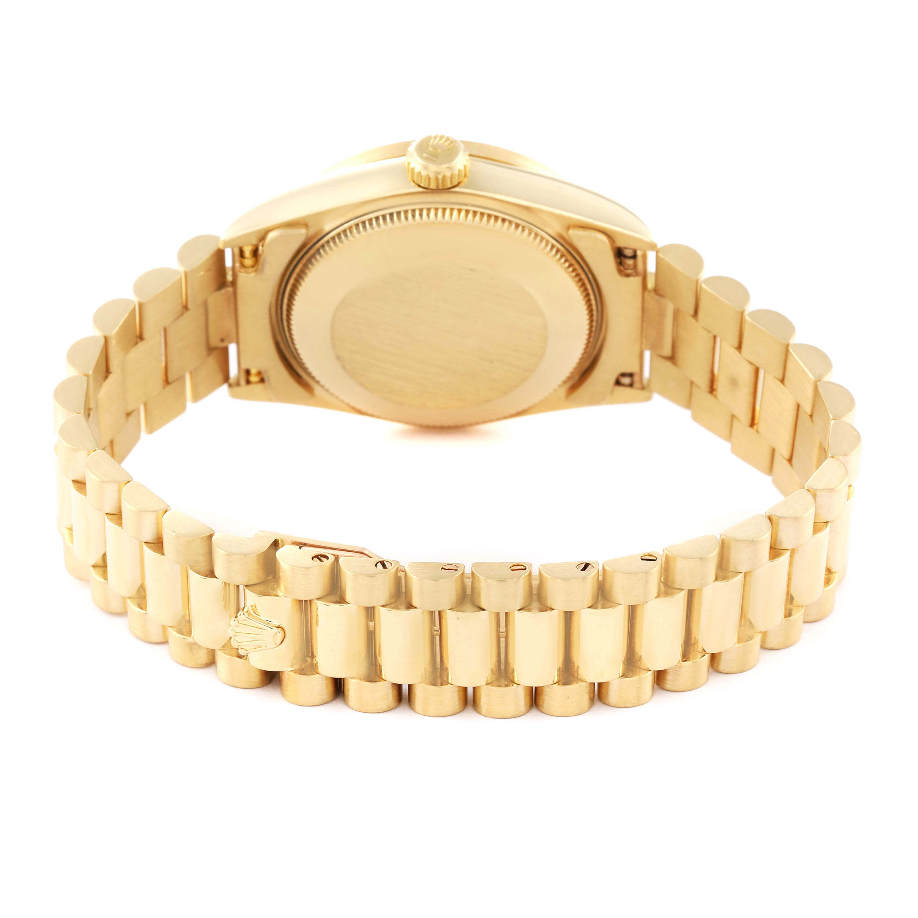 This image shows the back case and bracelet of the Rolex President 68158 Women
s Yellow Gold Champagne Dial 68158 Women
s Yellow Gold Champagne Dial model watch from a rear angle.