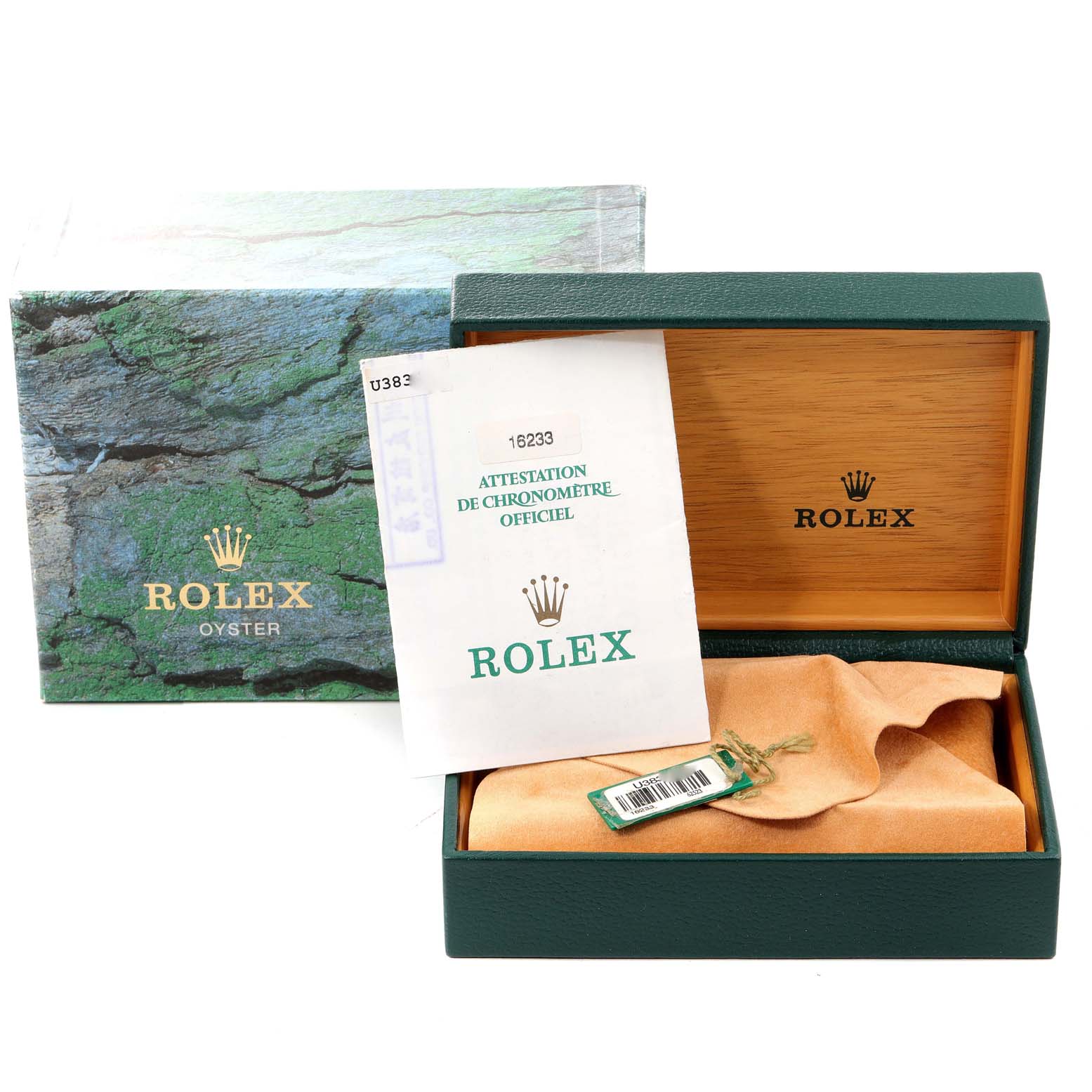 The image shows the packaging, certificate, and inner box of a Rolex Datejust 16233 Men's Steel and Gold (two tone) Champagne Dial 16233 Men's Steel and Gold (two tone) Champagne Dial watch from an angled front view.