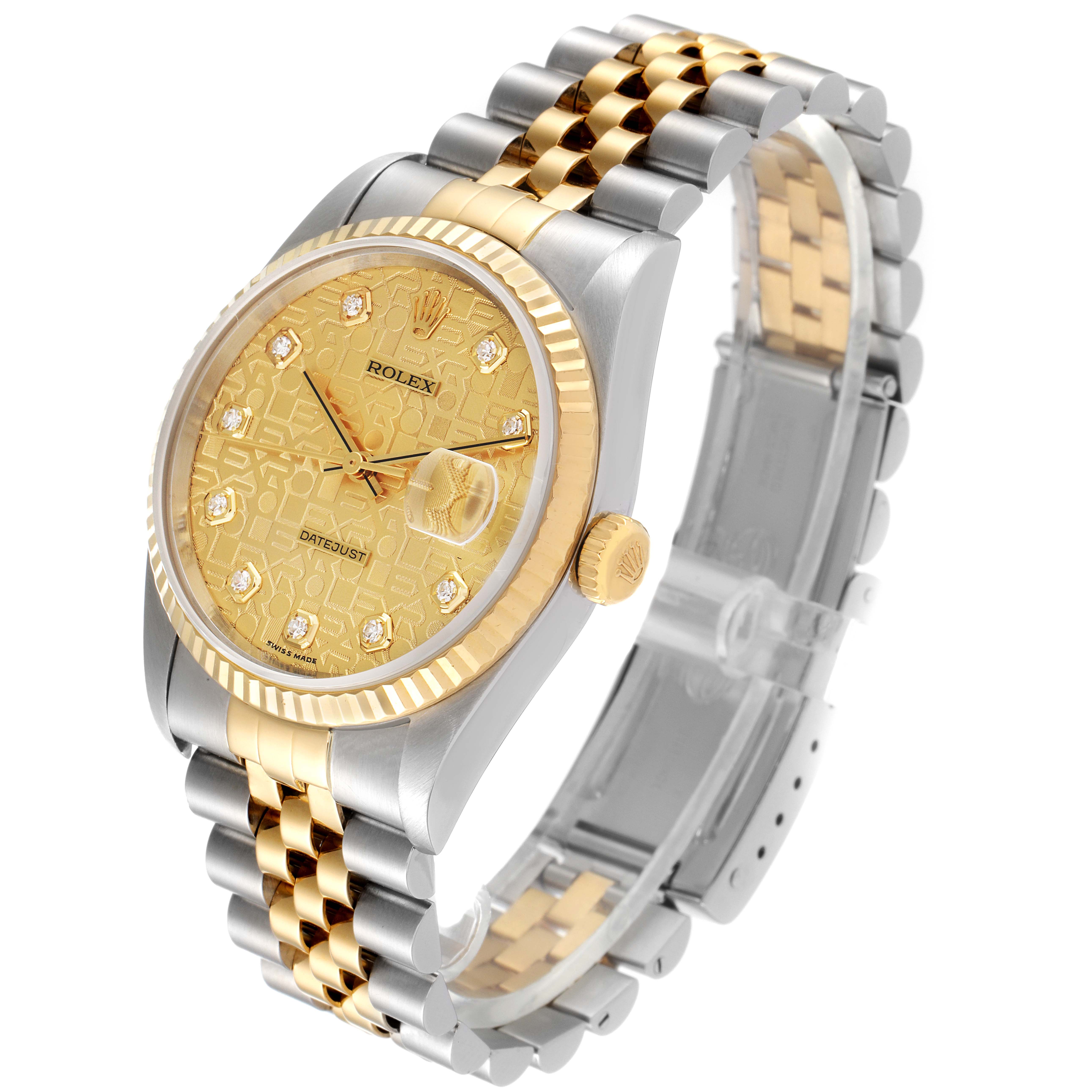 The Rolex Datejust 16233 Men's Steel and Gold (two tone) Champagne Dial 16233 Men's Steel and Gold (two tone) Champagne Dial watch is shown at a three-quarter angle, highlighting its gold dial, diamond hour markers, and two-tone bracelet.