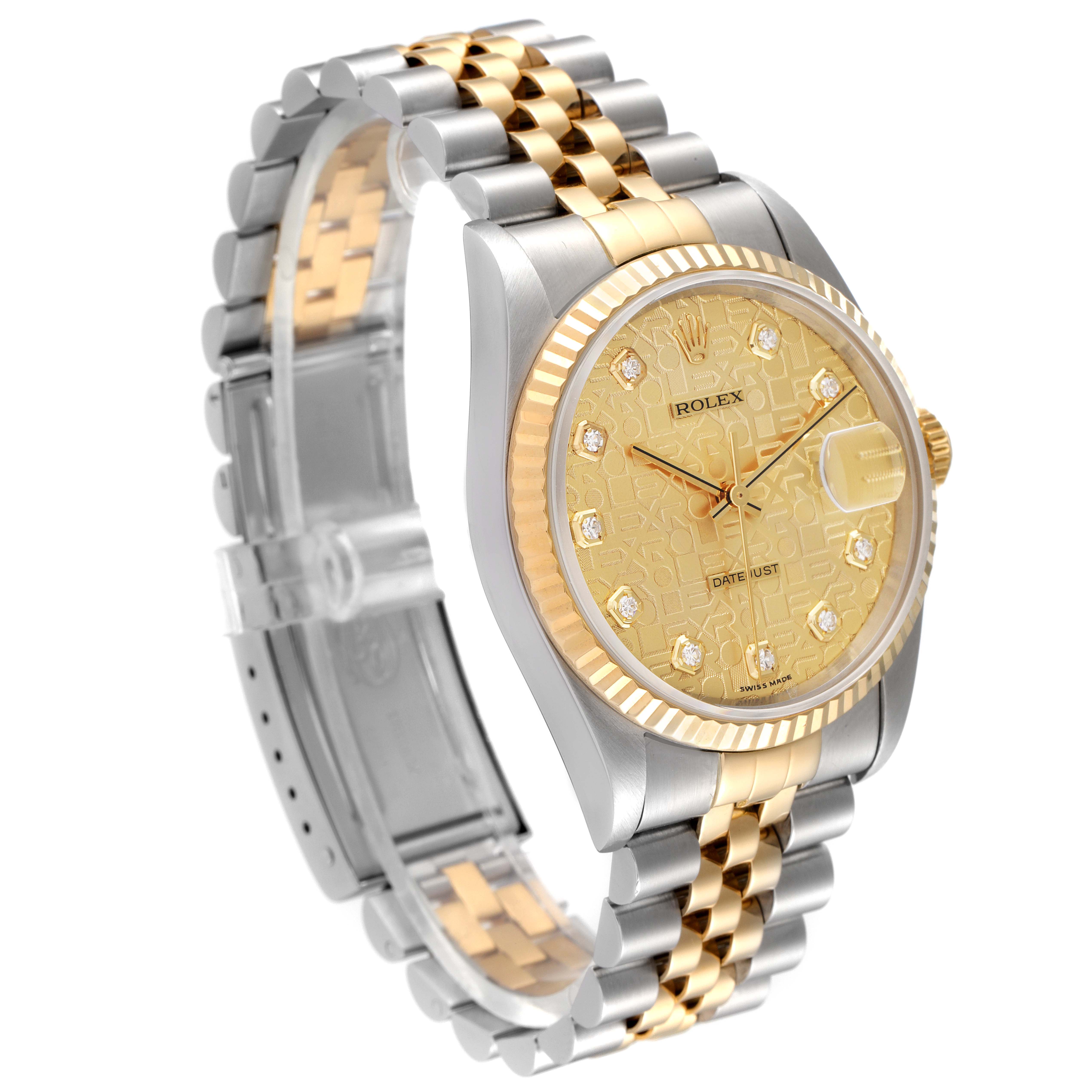 This image shows a Rolex Datejust 16233 Men's Steel and Gold (two tone) Champagne Dial 16233 Men's Steel and Gold (two tone) Champagne Dial watch at a three-quarter angle, highlighting its two-tone bracelet and patterned champagne dial.