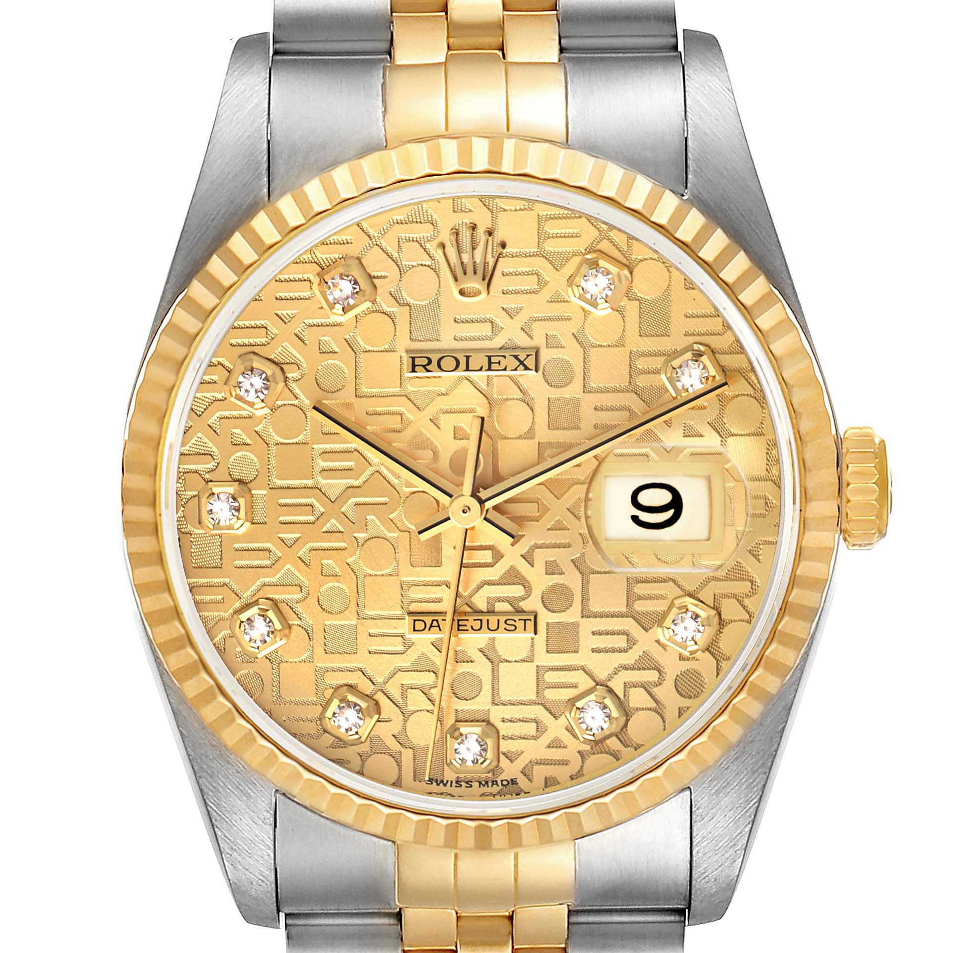 The image shows a frontal view of a Rolex Datejust 16233 Men's Steel and Gold (two tone) Champagne Dial 16233 Men's Steel and Gold (two tone) Champagne Dial watch, featuring a gold patterned dial with diamond markers and a two-tone band.