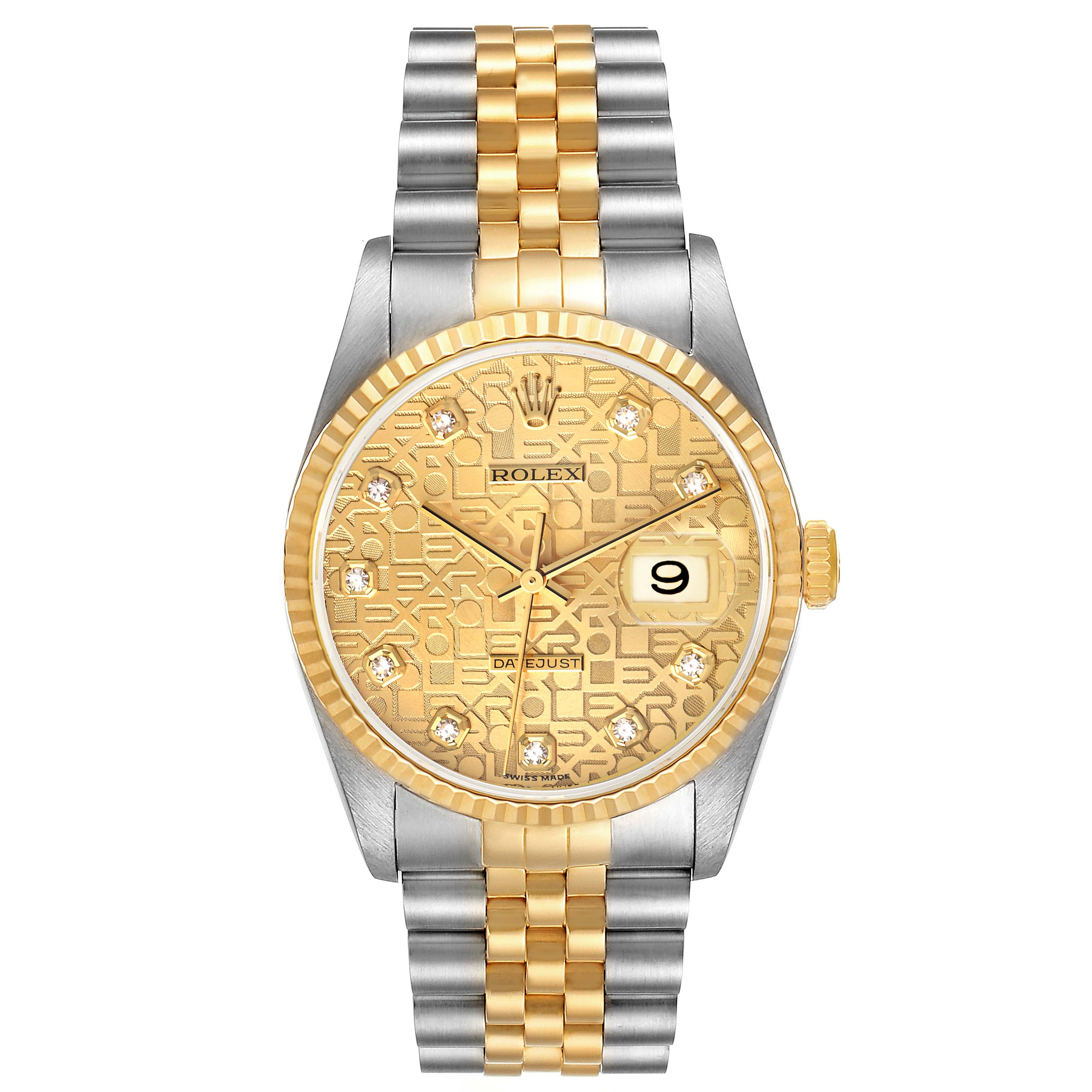 The Rolex Datejust 16233 Men's Steel and Gold (two tone) Champagne Dial 16233 Men's Steel and Gold (two tone) Champagne Dial watch is shown from a front angle, highlighting the gold and silver bracelet, gold face, and date window.