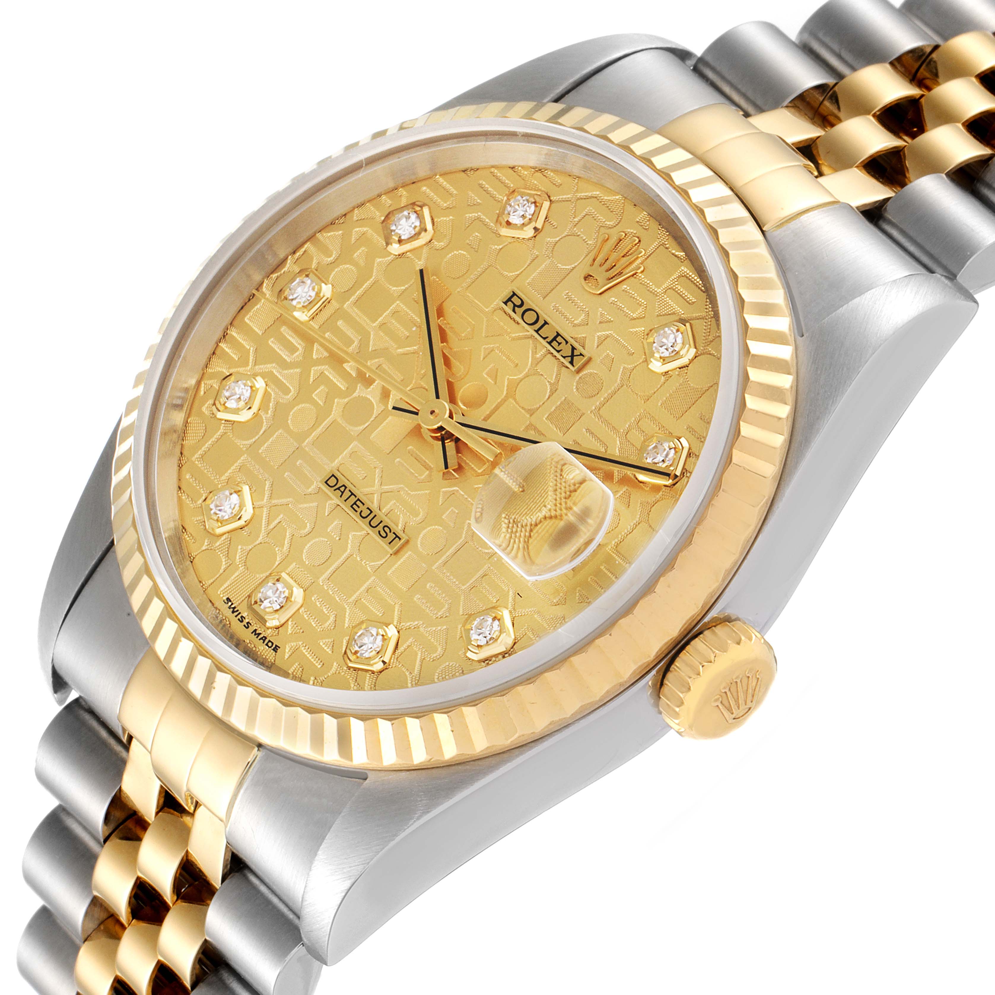The image shows a Rolex Datejust 16233 Men's Steel and Gold (two tone) Champagne Dial 16233 Men's Steel and Gold (two tone) Champagne Dial watch at a slight angle, highlighting its gold dial, fluted bezel, and two-tone bracelet.