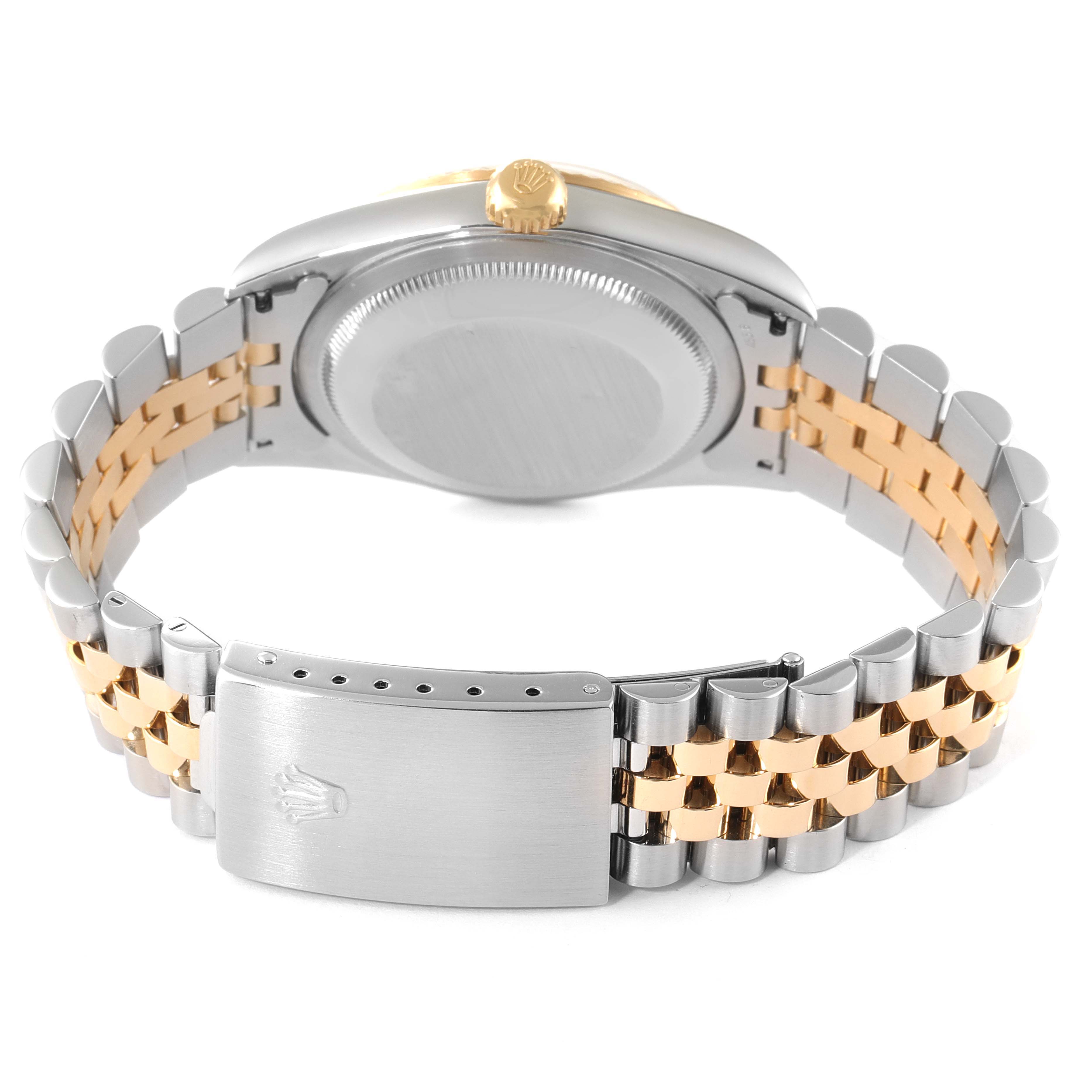 The image shows the back view of a Rolex Datejust 16233 Men's Steel and Gold (two tone) Champagne Dial 16233 Men's Steel and Gold (two tone) Champagne Dial watch, focusing on the case back and two-tone bracelet with a closed clasp.