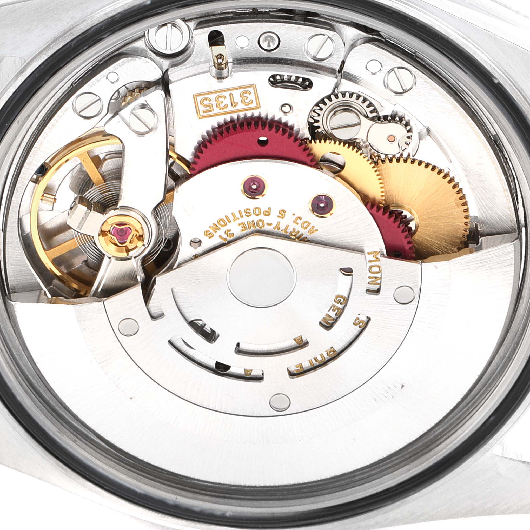 The image shows a close-up view of the internal mechanism of a Rolex Datejust 16233 Men's Steel and Gold (two tone) Champagne Dial 16233 Men's Steel and Gold (two tone) Champagne Dial watch.