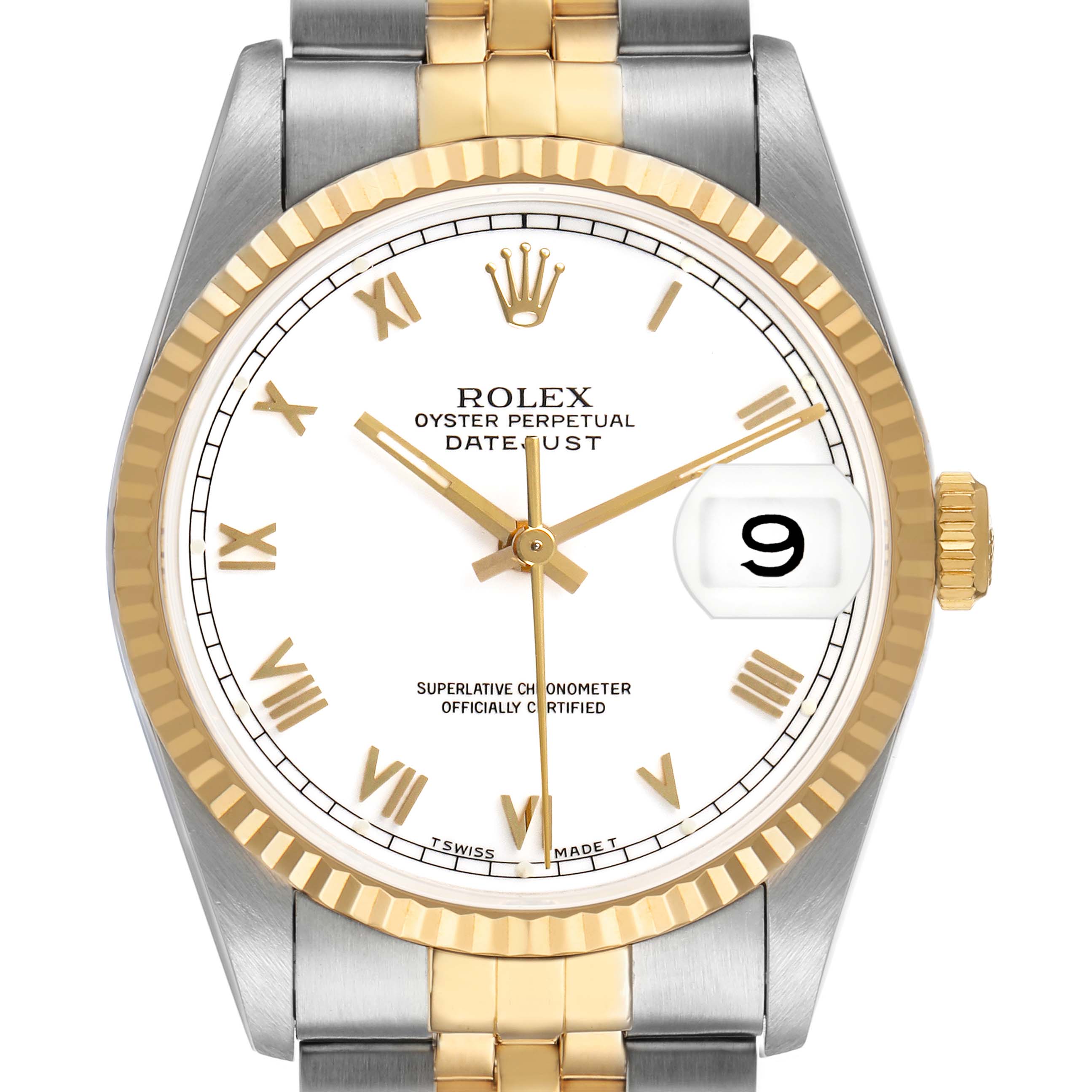 The Rolex Datejust 16233 Men's Steel and Gold (two tone) White Dial watch is shown from the front, displaying its dial, bezel, and part of the bracelet.