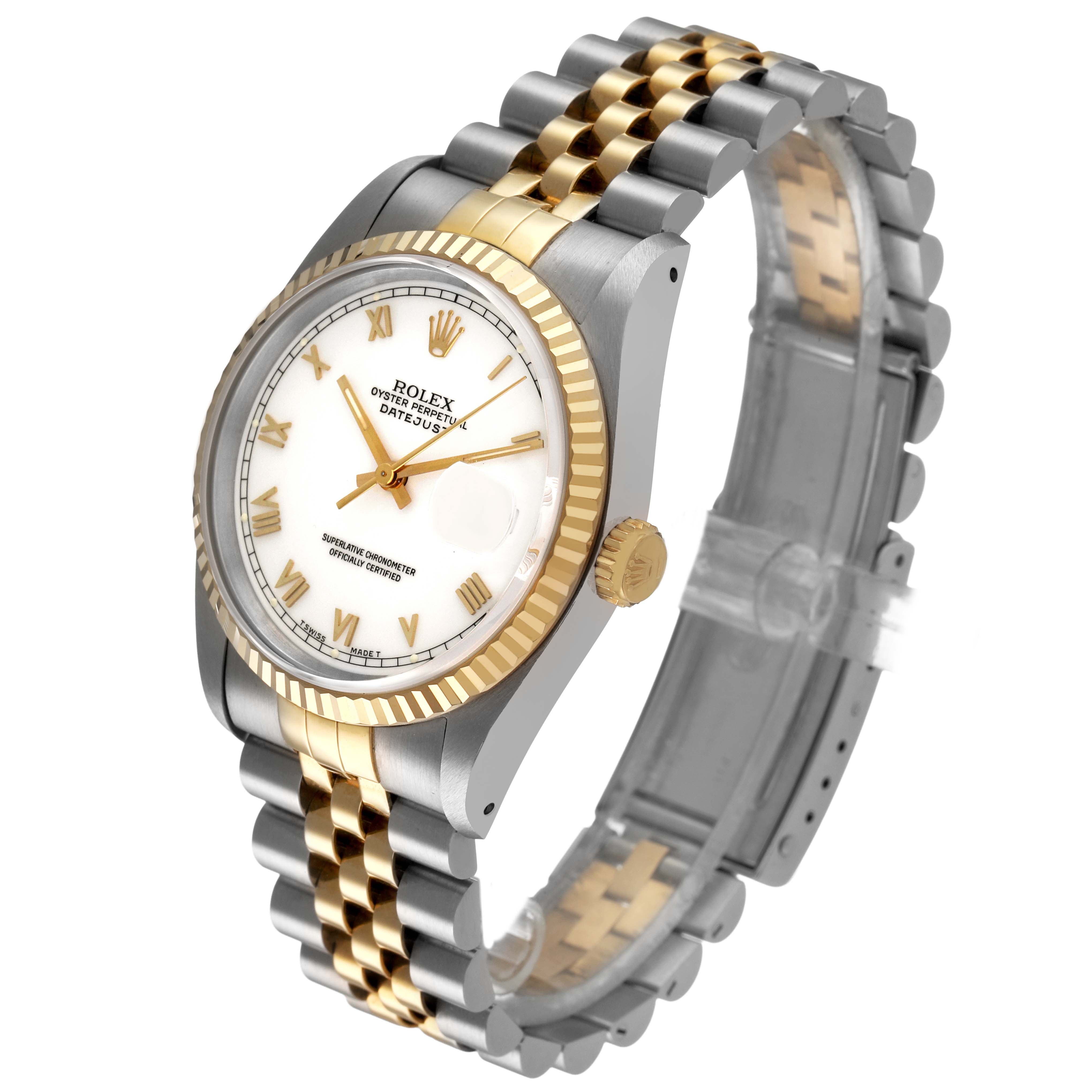 This Rolex Datejust 16233 Men's Steel and Gold (two tone) White Dial watch is shown at a three-quarter angle, highlighting its two-tone bracelet, bezel, and crown.